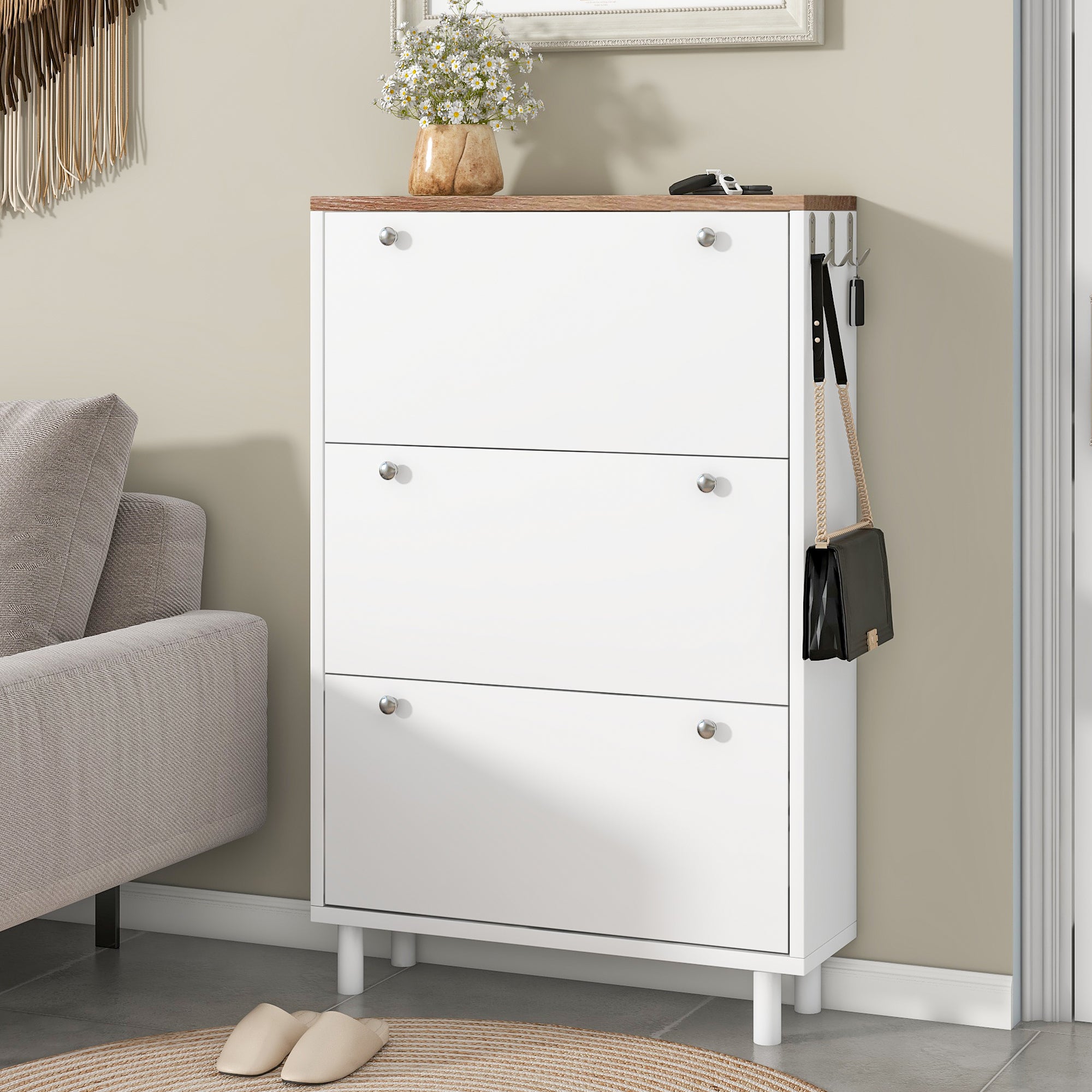 🆓🚛 Narrow Design Shoe Cabinet With 3 Flip Drawers, Wood Grain Pattern Top Entryway Organizer With 3 Hooks, Free Standing Shoe Rack With Adjustable Panel for Hallway, White