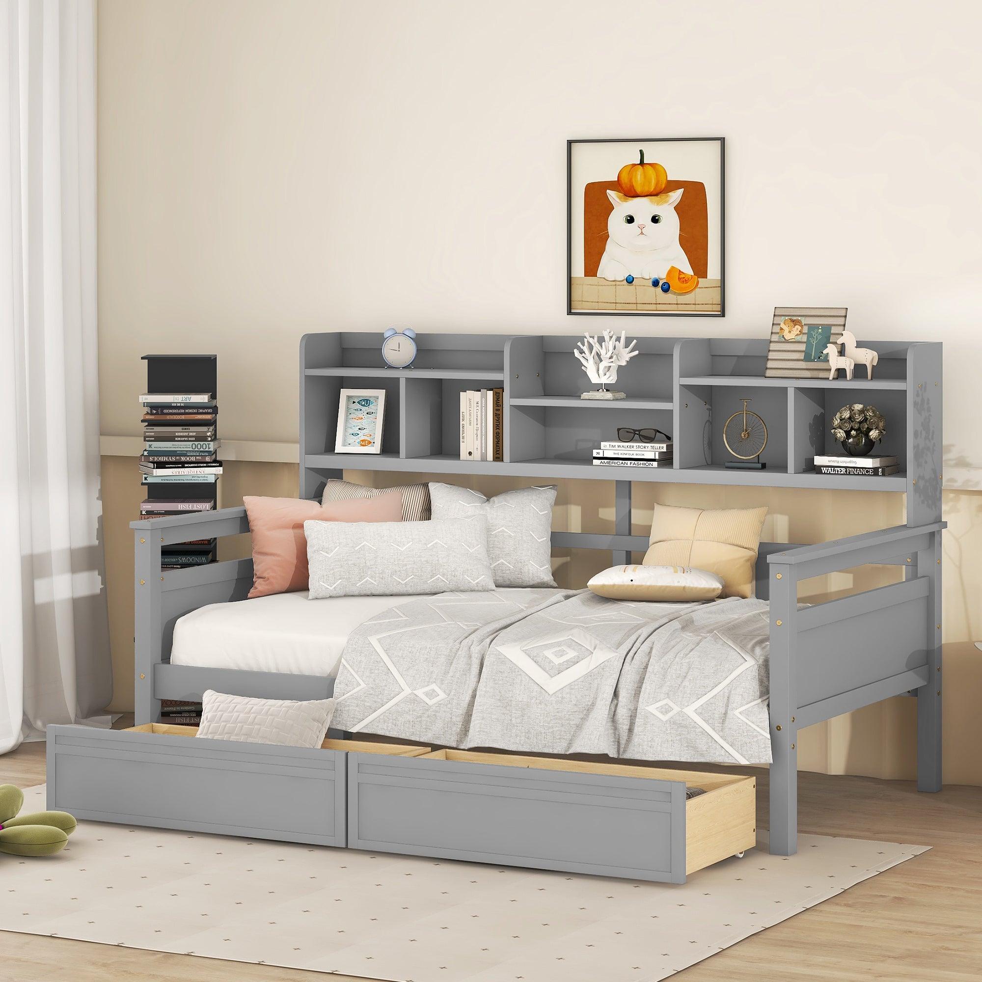 🆓🚛 Twin Size Daybed, Wood Slat Support, With Bedside Shelves & Two Drawers, Gray