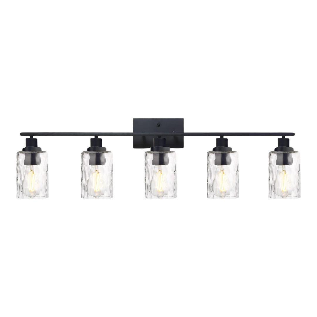 🆓🚛 5-Light Bathroom Lighting Fixtures Over Mirror 40 Inches Length, Contemporary Black Vanity Light Industrial Wall Lamp With Clear Hammered Glass Shade