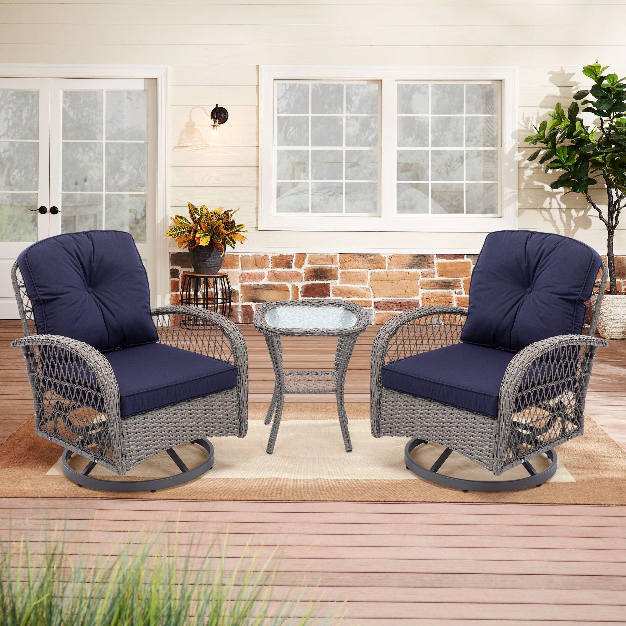 🆓🚛 3 Pieces Outdoor Swivel Rocker Patio Chairs, 360 Degree Rocking Patio Conversation Set With Thickened Cushions and Glass Coffee Table for Backyard, Navy Blue