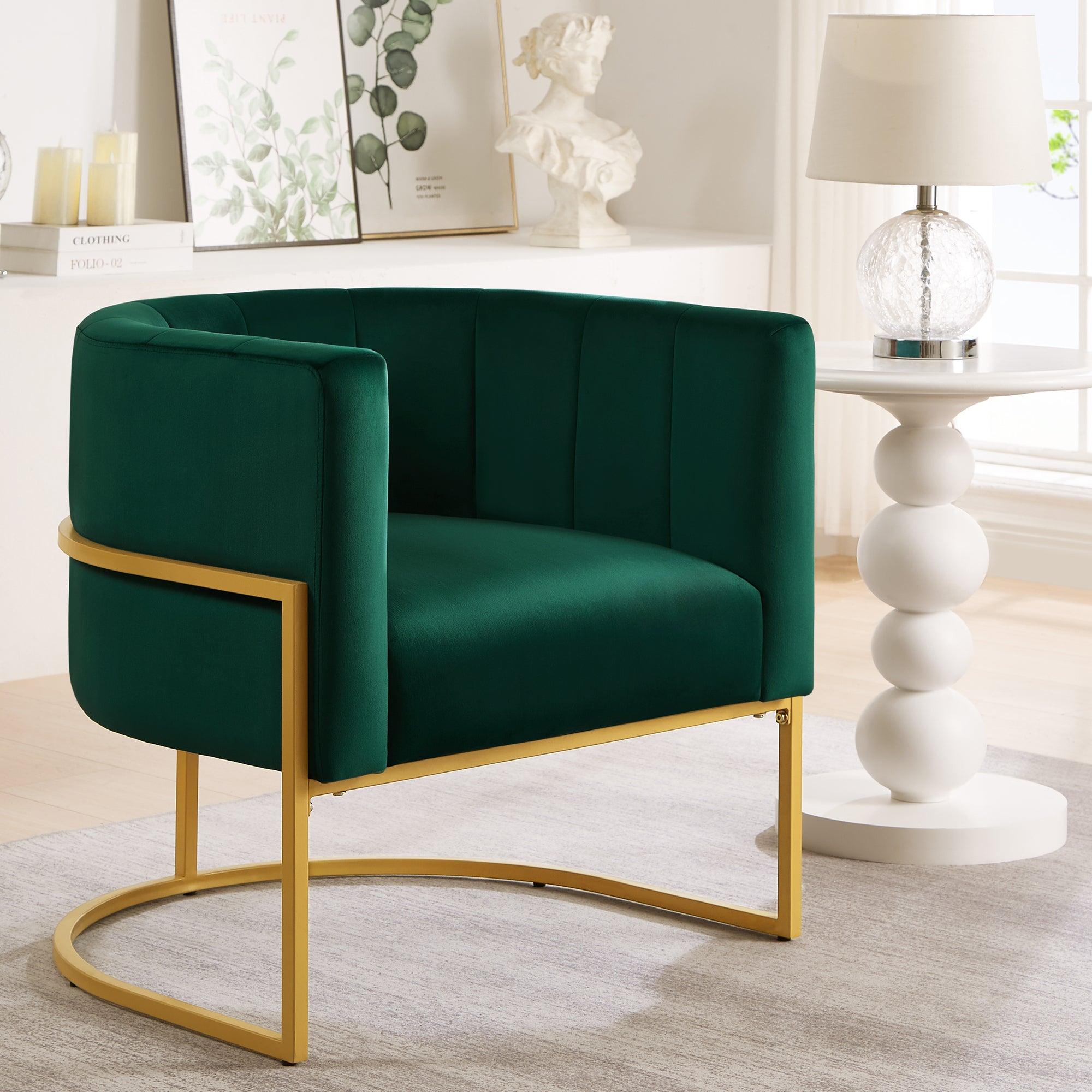 🆓🚛 Upholstered Velvet Accent Chair With Golden Metal Stand, Mid-Century Living Room Leisure Chair With Curve Backrest, Jade ( Emerald)