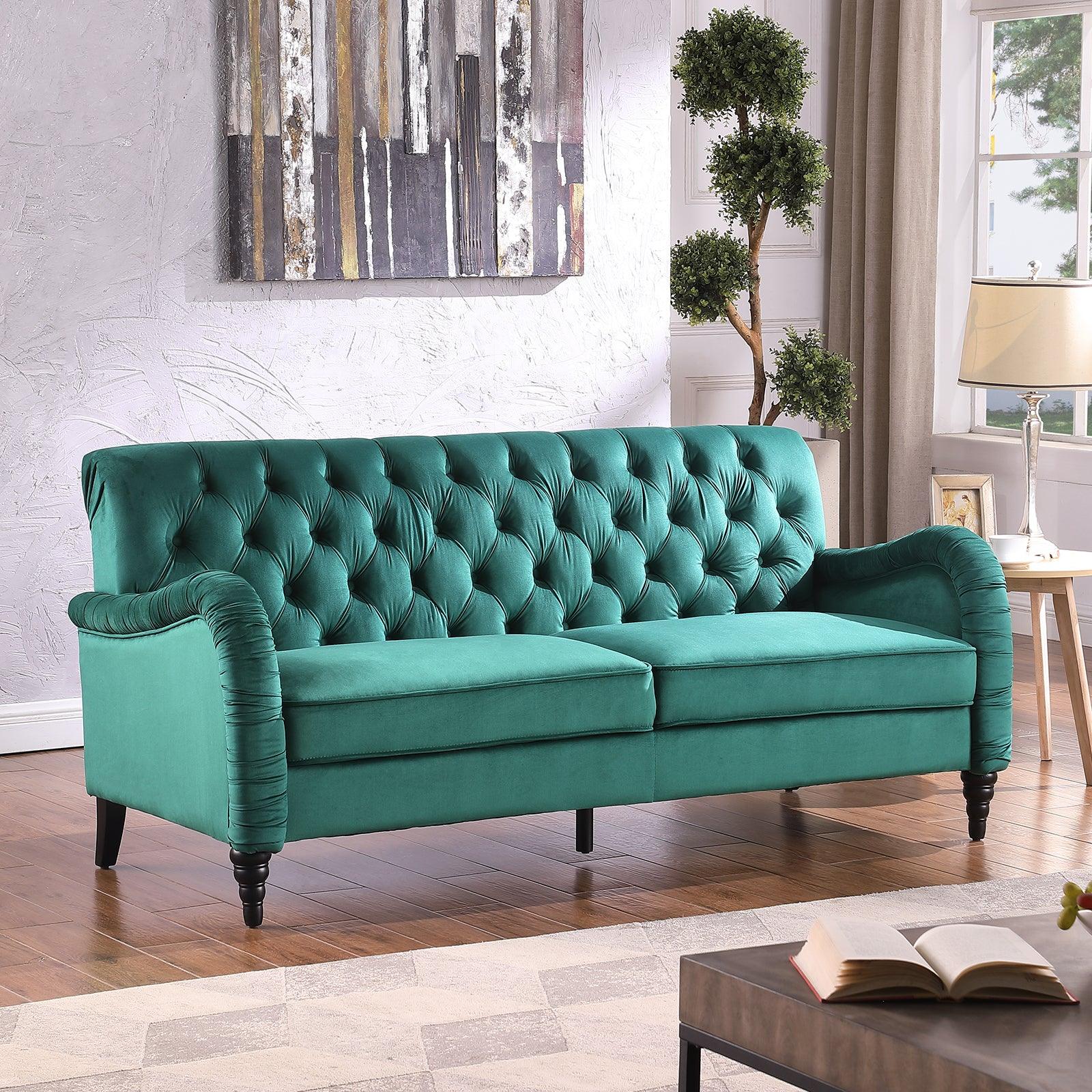 🆓🚛 72" Modern Chesterfield 3 Seater Sofa, Dark Green