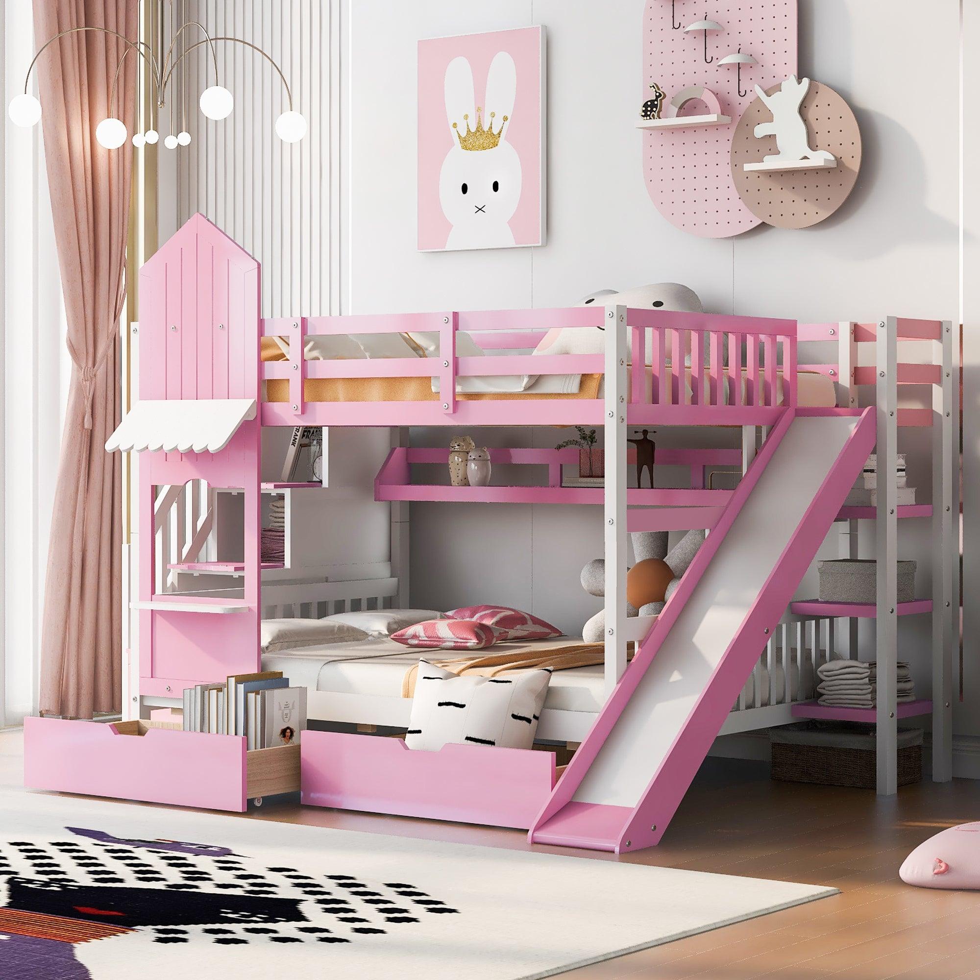 🆓🚛 Full-Over-Full Castle Style Bunk Bed With 2 Drawers 3 Shelves & Slide, Pink