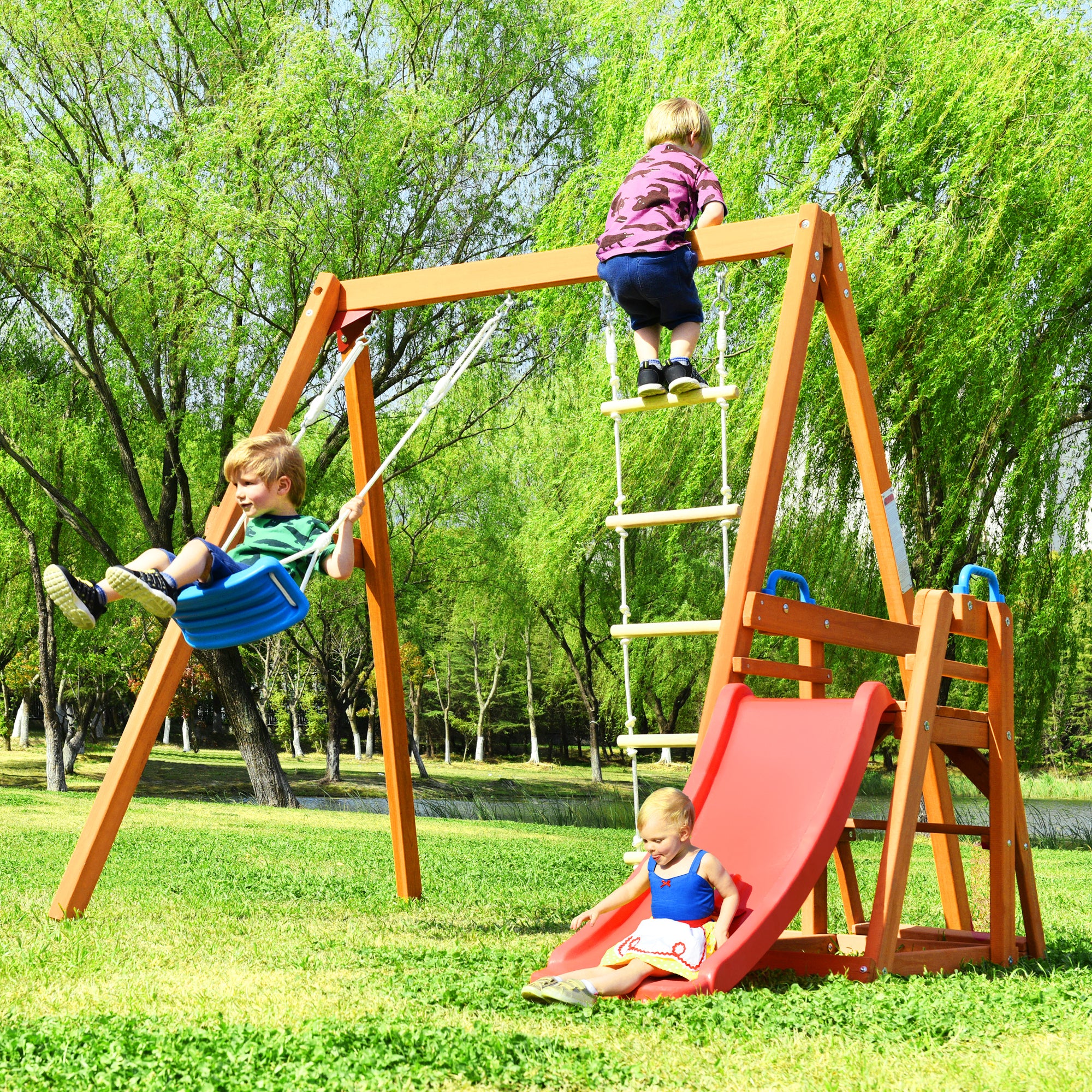🆓🚛 Wooden Swing Set With Slide, Outdoor Playset Backyard Activity Playground Climb Swing Outdoor Play Structure for Toddlers, Ready To Assemble Wooden Swing-N-Slide Set Kids Climbers