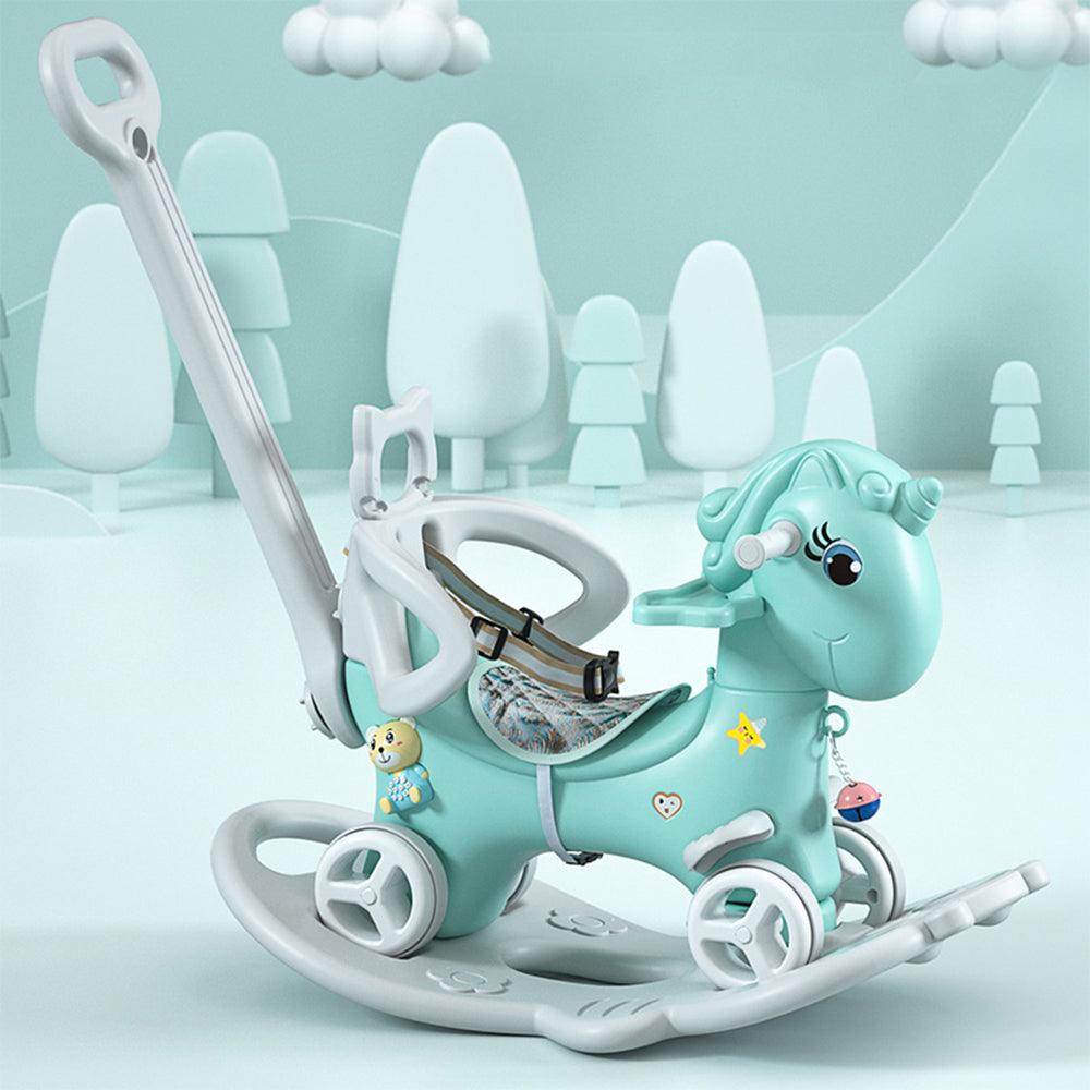 🆓🚛 Rocking Horse for Toddlers, Balance Bike Ride On Toys With Push Handle, Backrest & Balance Board for Baby Girl & Boy, Unicorn Kids Blue Color