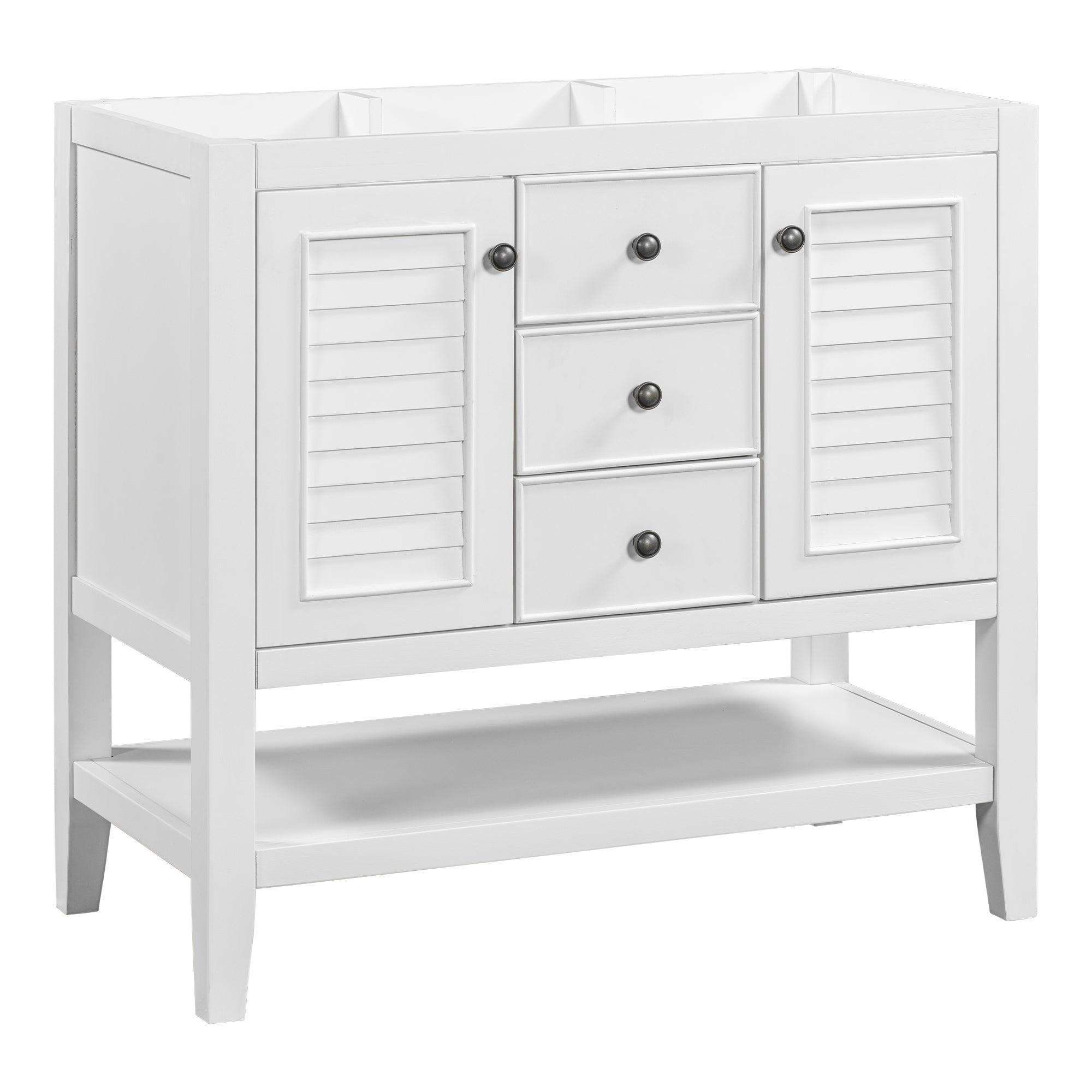 🆓🚛 36" Bathroom Vanity Without Sink, Cabinet Base Only, Two Cabinets & Drawers, Open Shelf, Solid Wood Frame, White