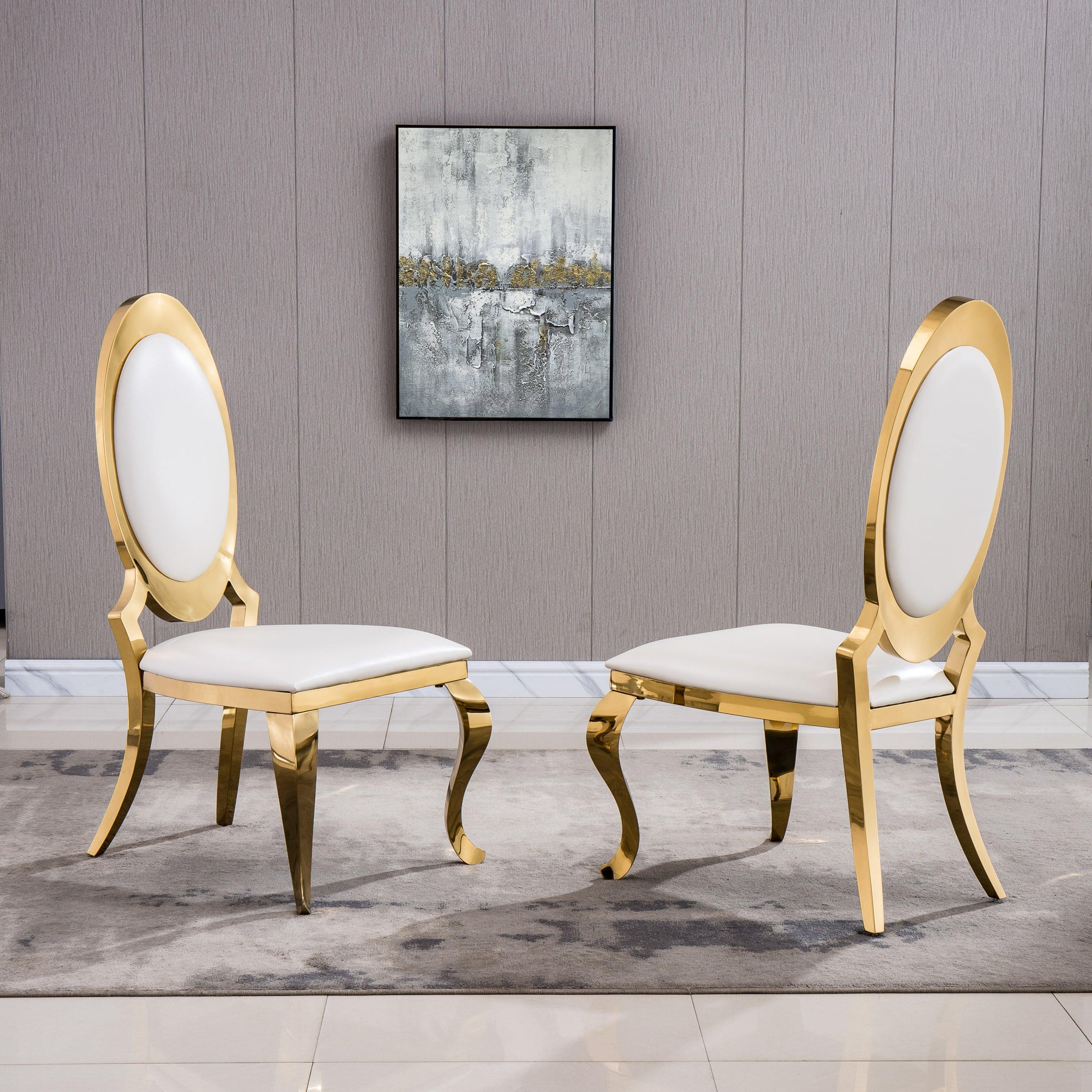 🆓🚛 Luxury-Looking Leatherette Dining Chair With Oval Backrest Set Of 2, Stainless Steel Legs - Gold & White