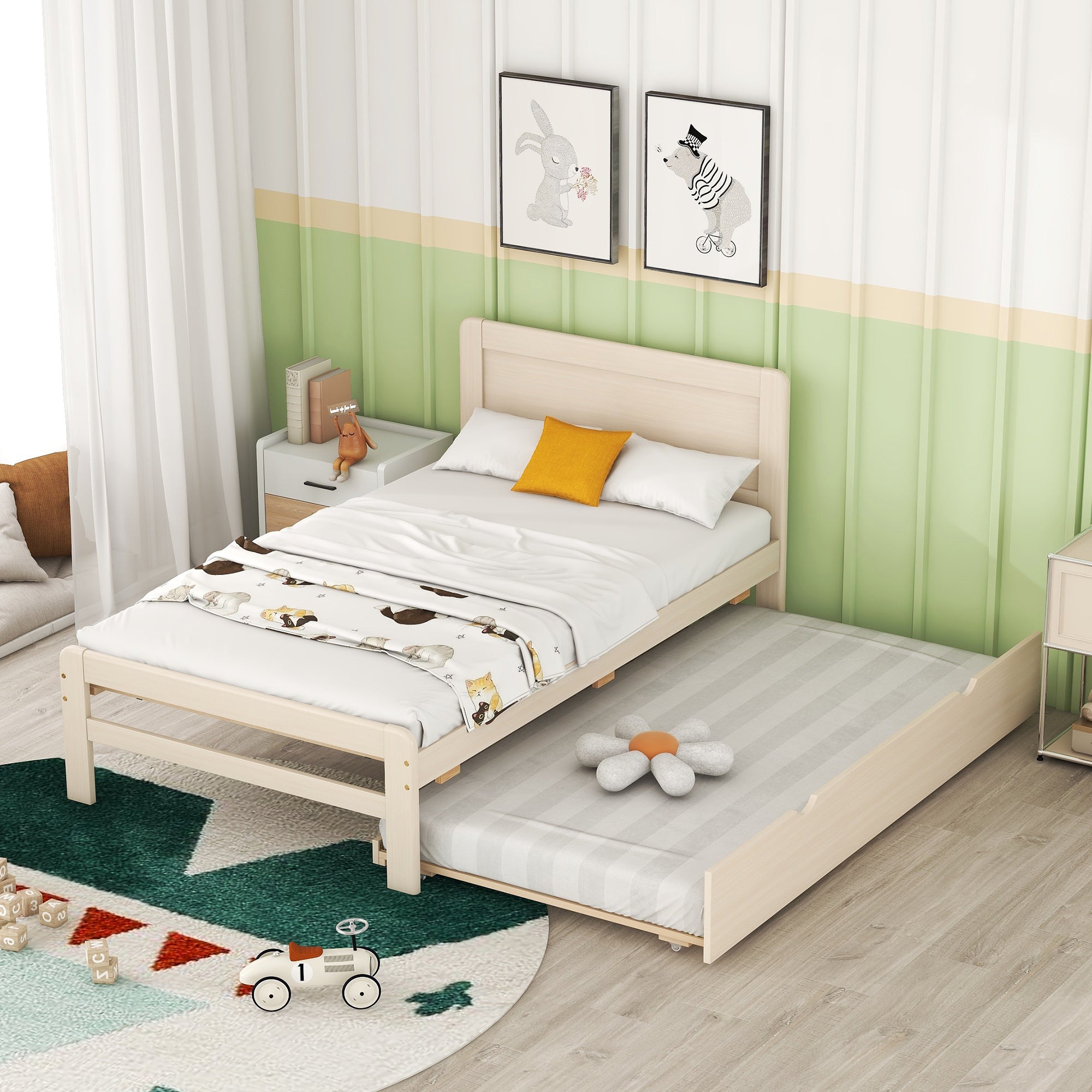 🆓🚛 Modern Design Twin Size Platform Bed Frame With Trundle, White