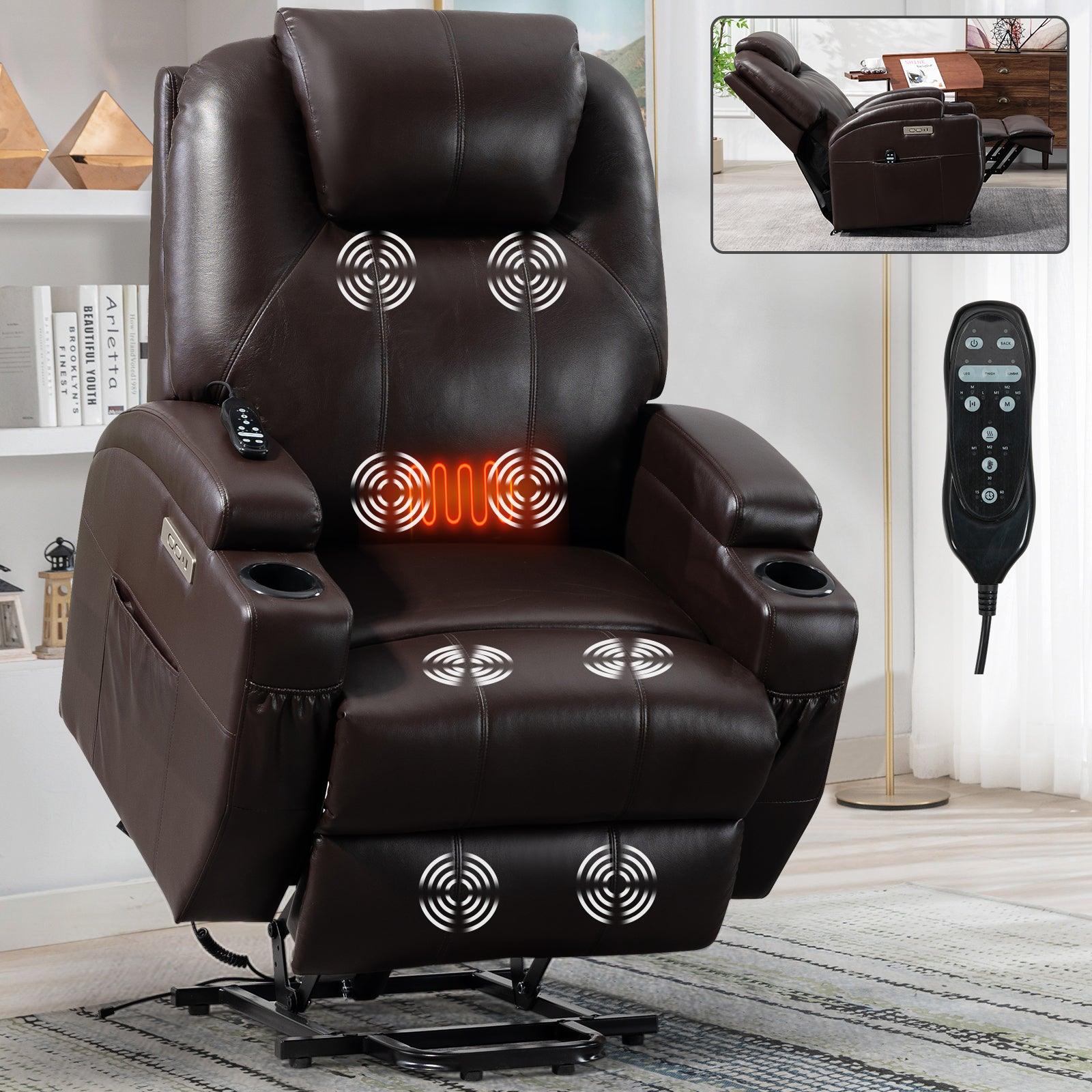 🆓🚛 Okin Motor Power Lift Recliner Chair for Elderly, Heavy Duty Motion Mechanism With 8-Point Vibration Massage & Lumbar Heating, Two Cup Holders & Usb Charge Port, Brown