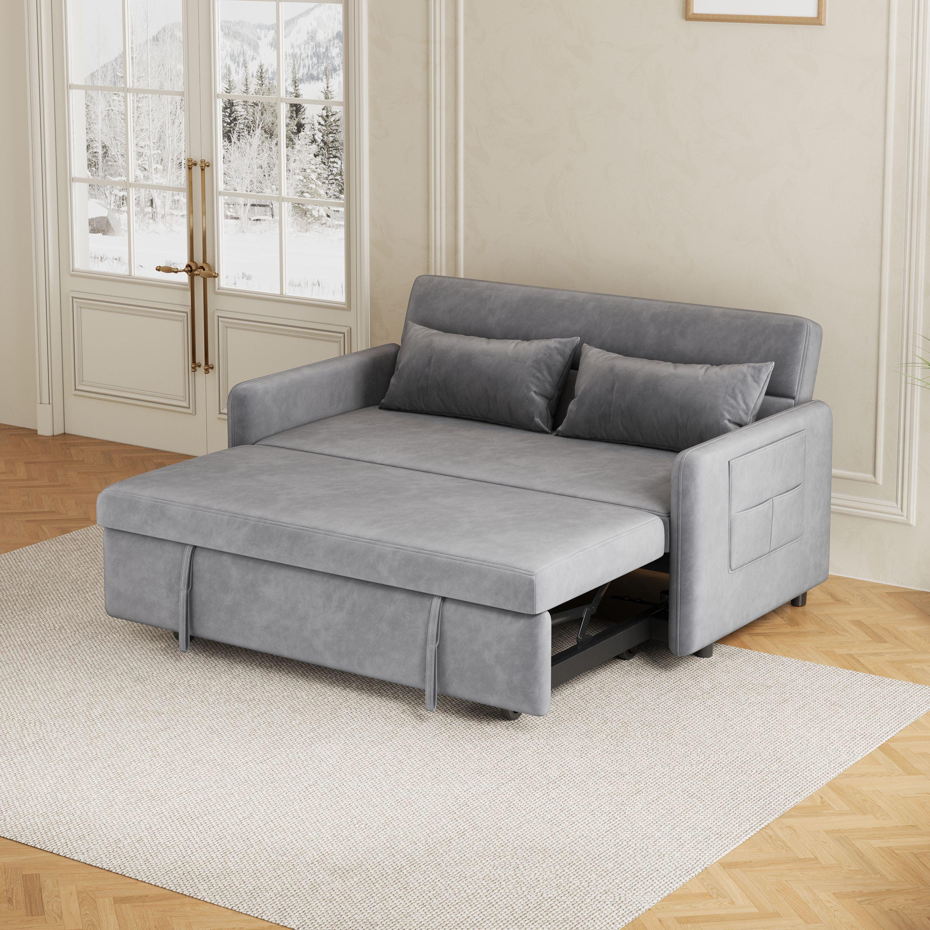 🆓🚛 Sofa Pull Out Bed Included Two Pillows 54" Gray Velvet Sofa for Small Spaces