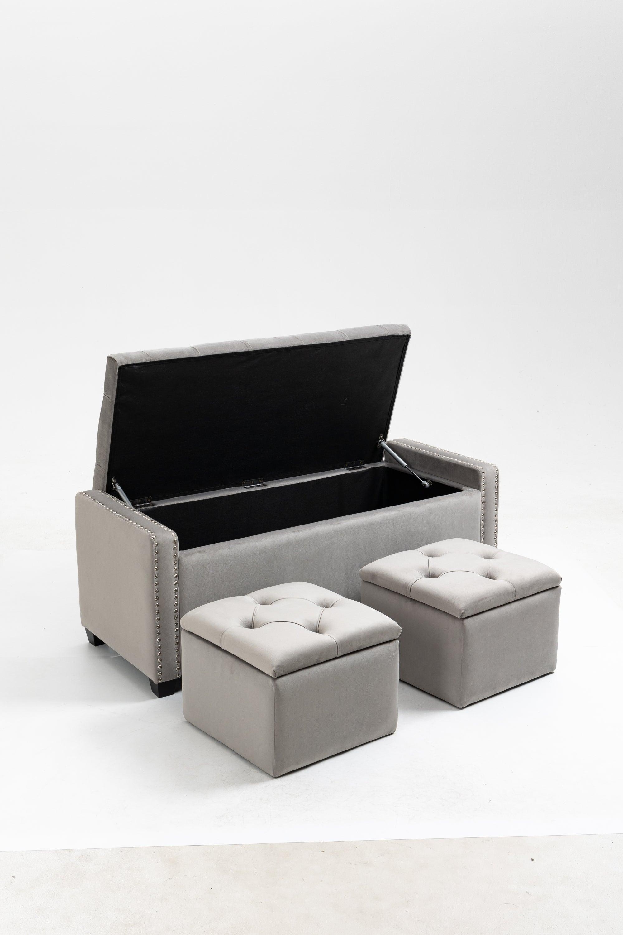 🆓🚛 Set Of 3 - 1 Wide Upholstered Storage Ottoman With 2 Square Smaller Ottomans - Gray