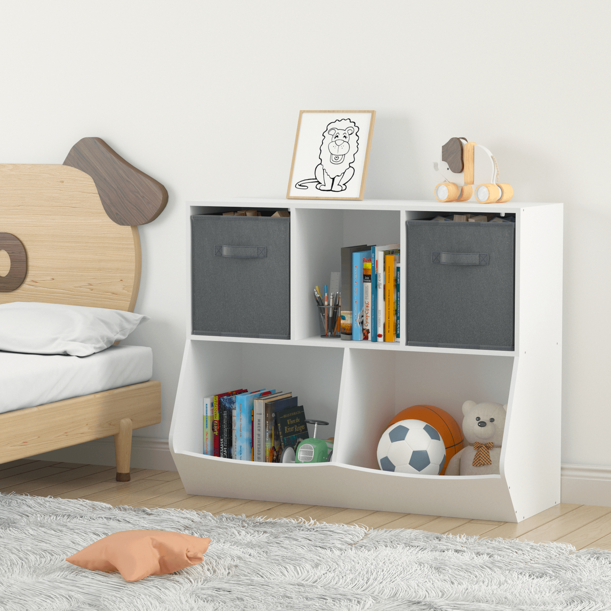 🆓🚛 Kids Bookcase With Collapsible Fabric Drawers, Children'S Toy Storage Cabinet for Playroom, Bedroom, Nursery, School, White/Gray