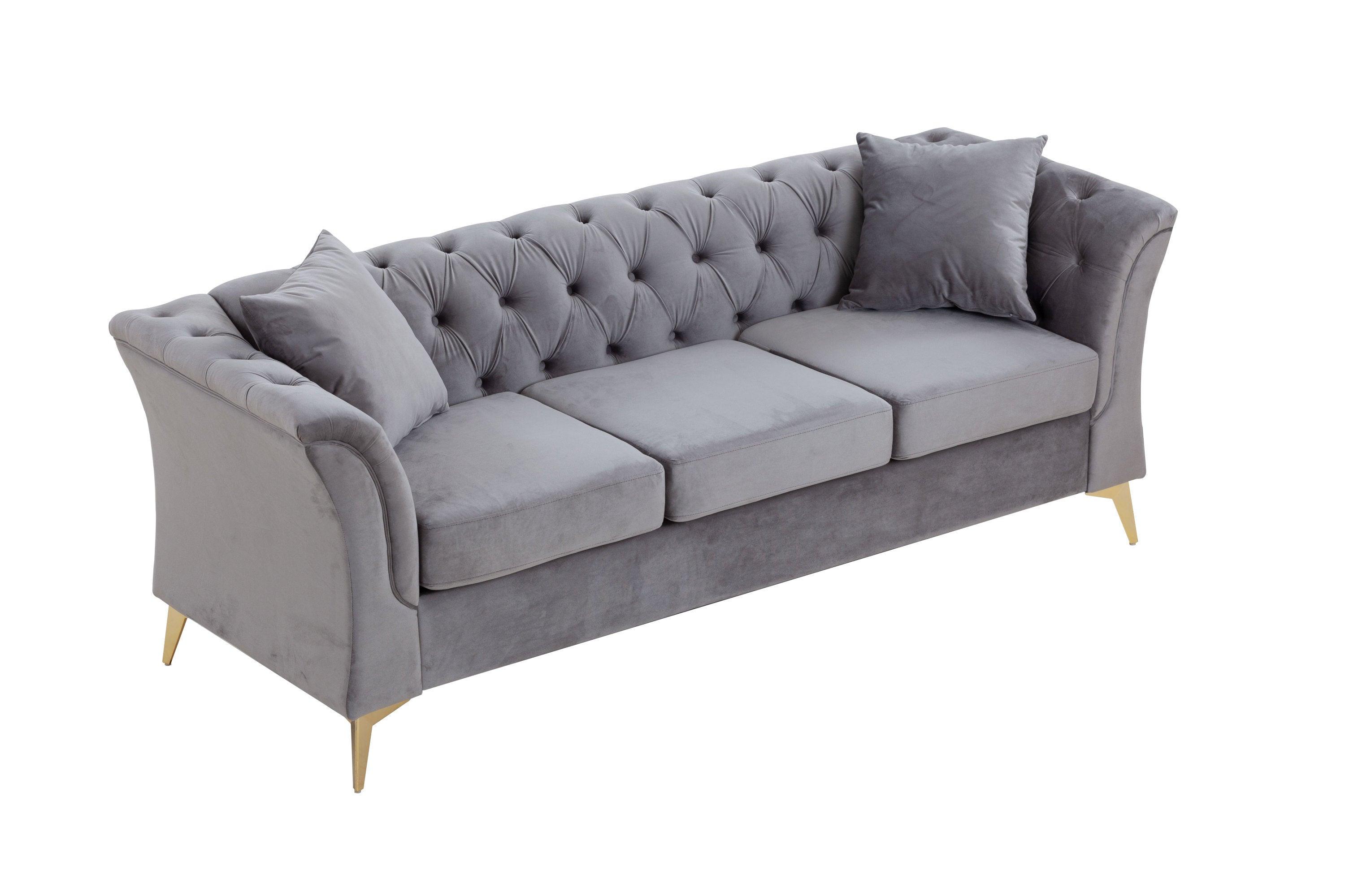 🆓🚛 Modern Chesterfield Curved Sofa Tufted Velvet Couch 3 Seat Button Tufed Couch With Scroll Arms & Gold Metal Legs Gray