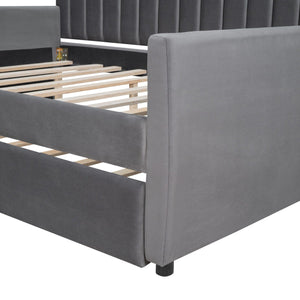 Full Size Upholstered Daybed With Trundle And Wood Slat Support, Gray