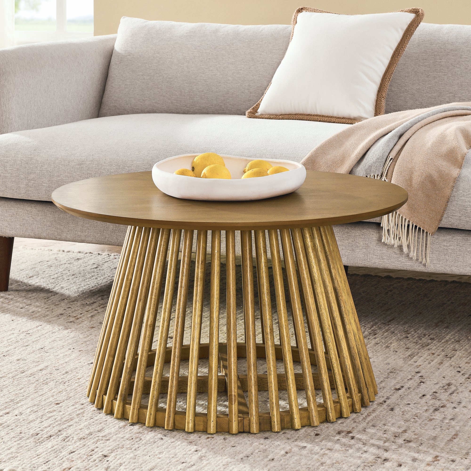 🆓🚛 Modern Minimalist Nordic Style Round Coffee Table, Simple Design, Brown/Yellow