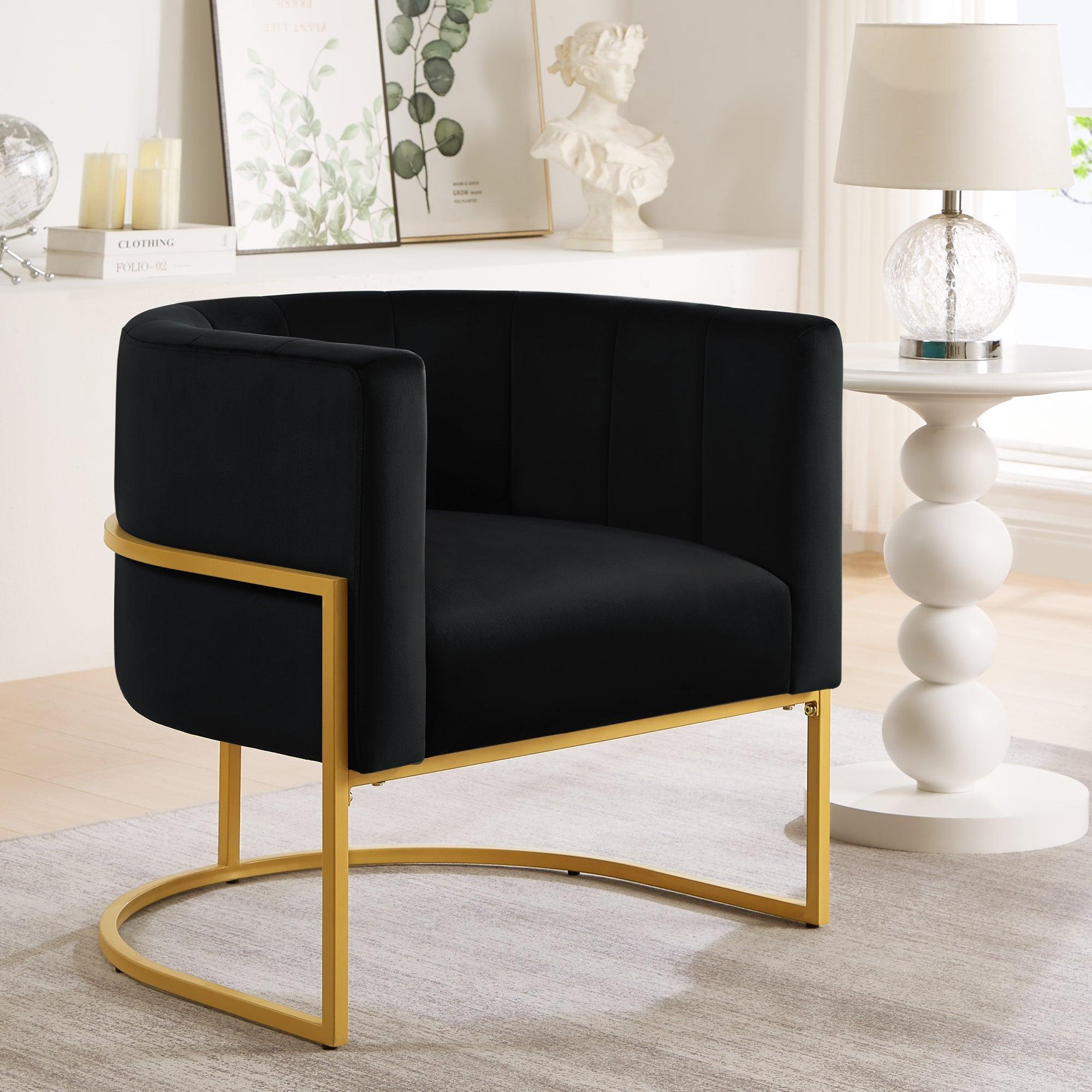 🆓🚛 Upholstered Velvet Accent Chair With Golden Metal Stand, Mid-Century Living Room Leisure Chair With Curve Backrest, Black