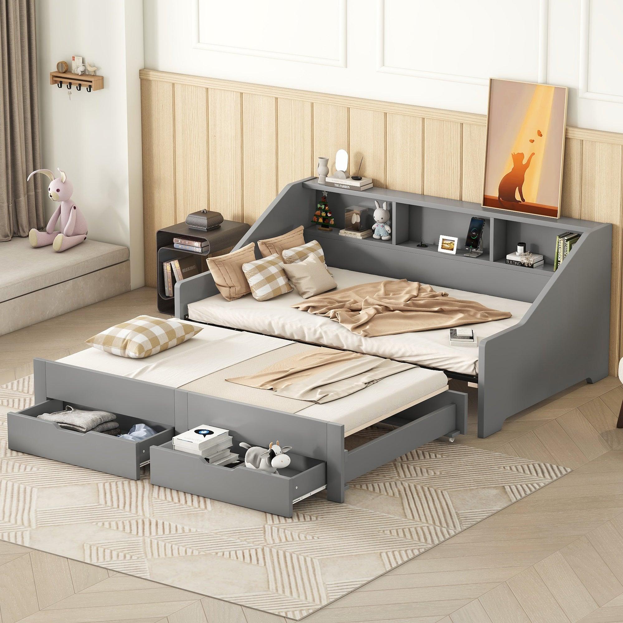 🆓🚛 Twin To King Size Daybed Frame With Storage Bookcases & Two Drawers, Charging Design, Gray
