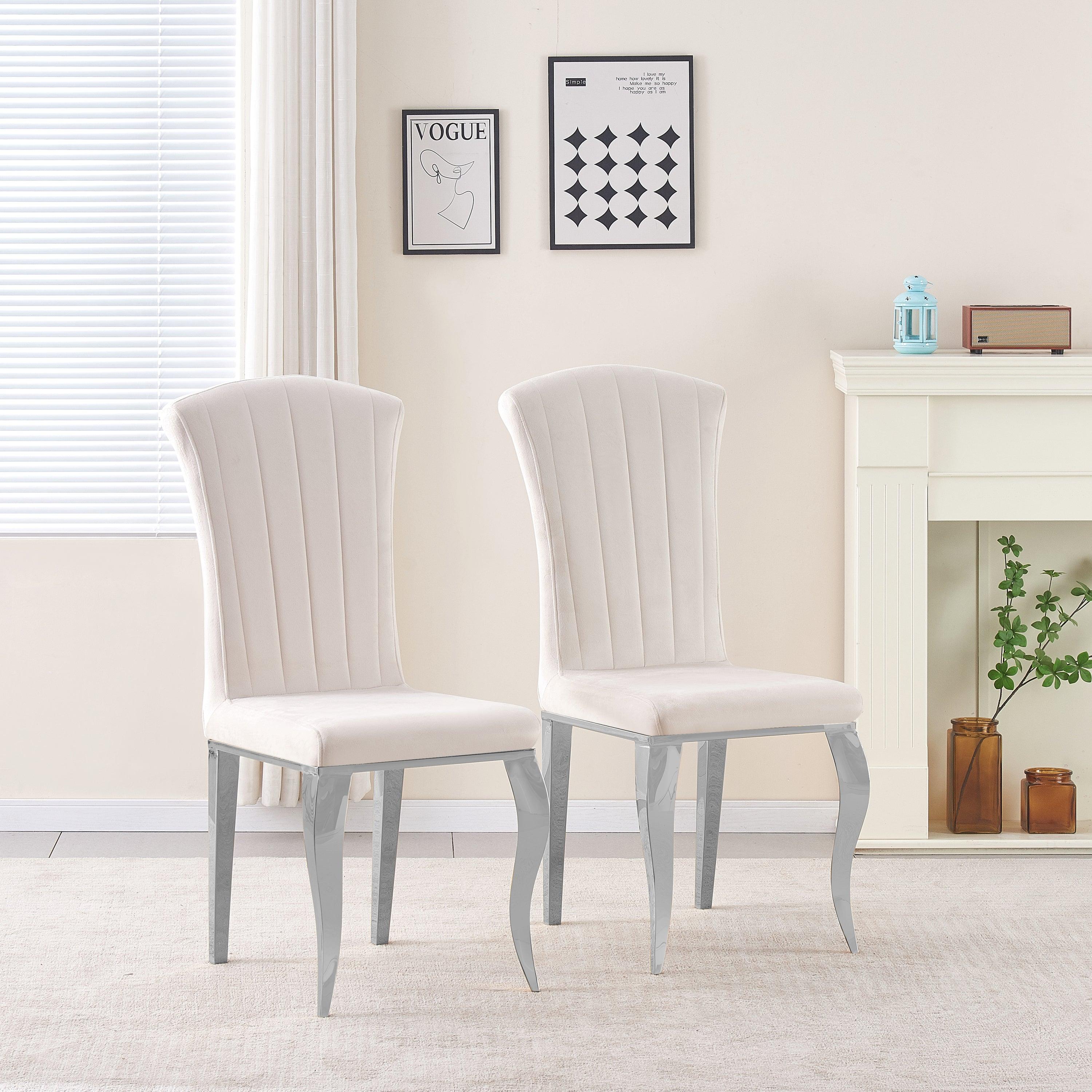 🆓🚛 Set Of 2 Luxury Looking Upholstered Dining Chairs With Silver Color Legs, White