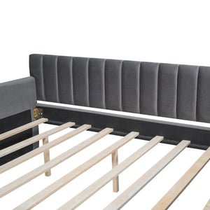 Full Size Upholstered Daybed With Trundle And Wood Slat Support, Gray