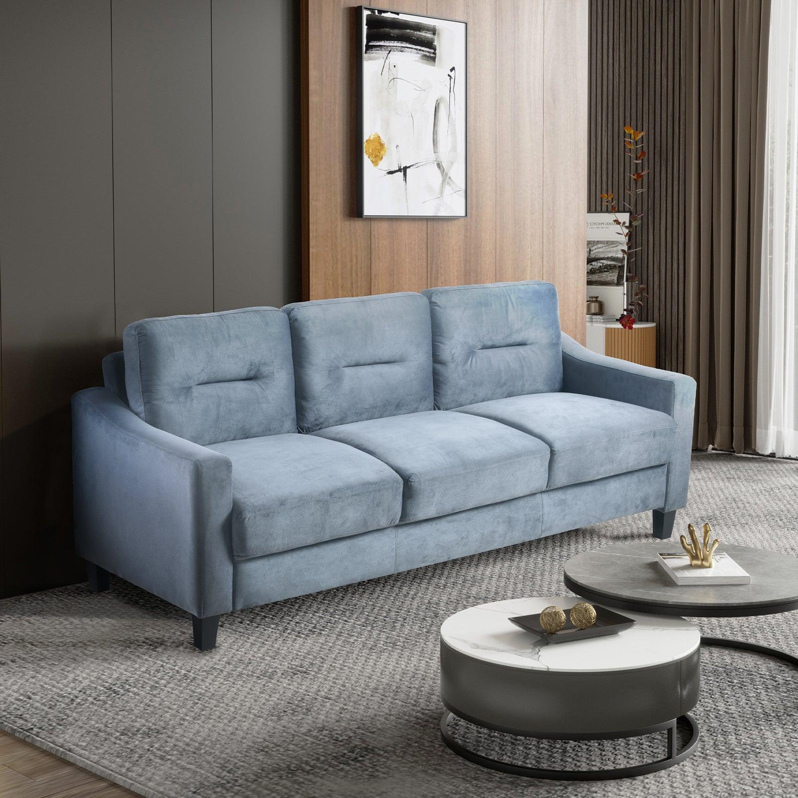 🆓🚛 77" 3 Seater Chenille Fabric Sofa for Living Room, Blue/Gray
