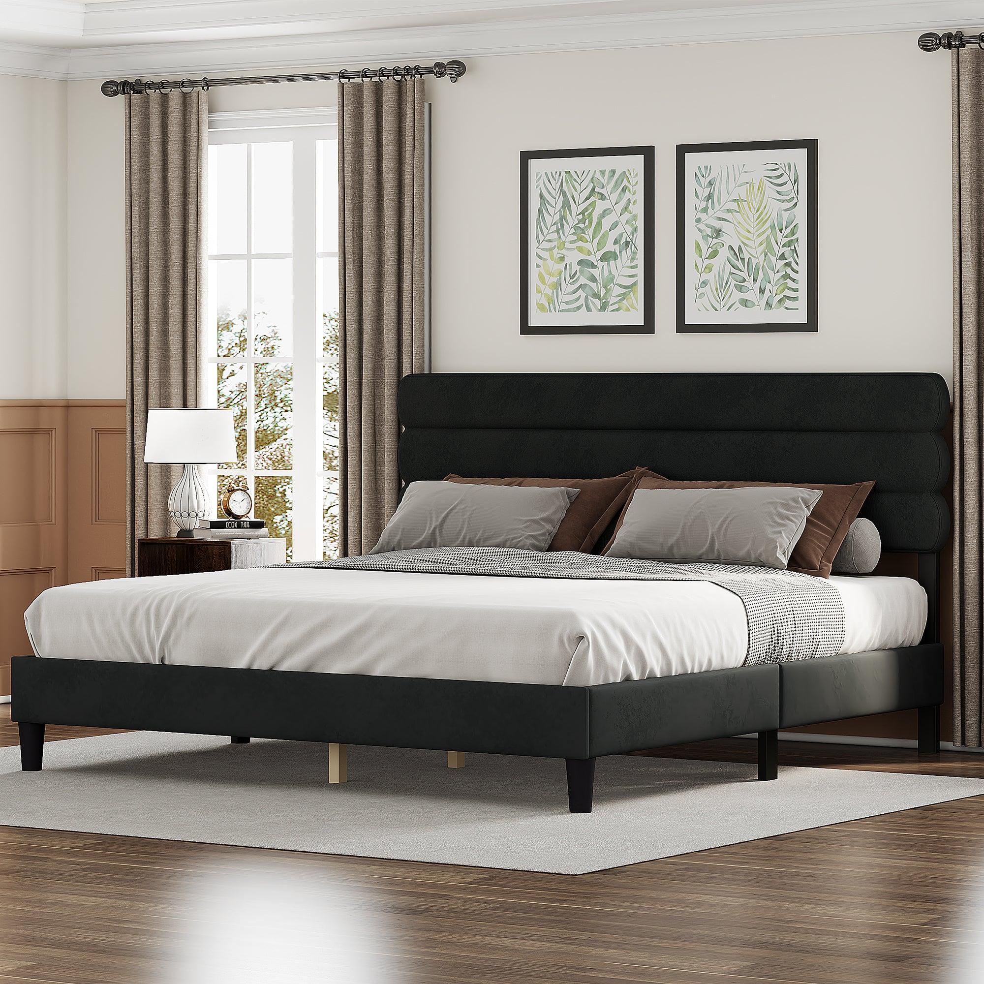 🆓🚛 King Bed Frame With Headboard, Sturdy Platform Bed With Wooden Slats Support, Dark Gray