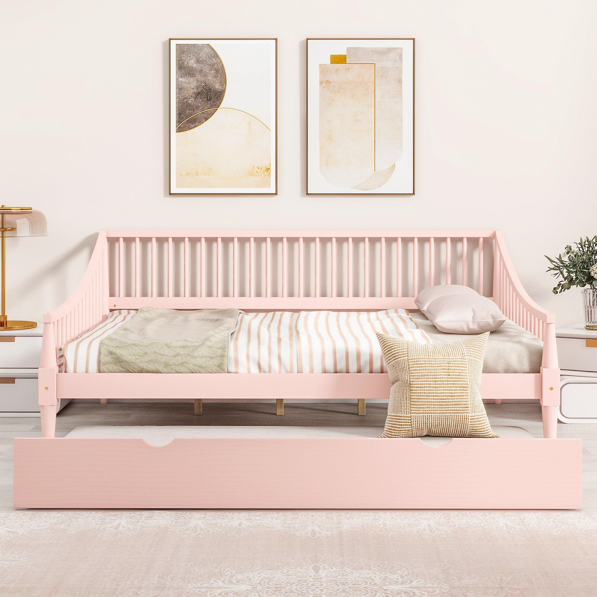 🆓🚛 Full Size Daybed With Trundle & Support Legs, Pink