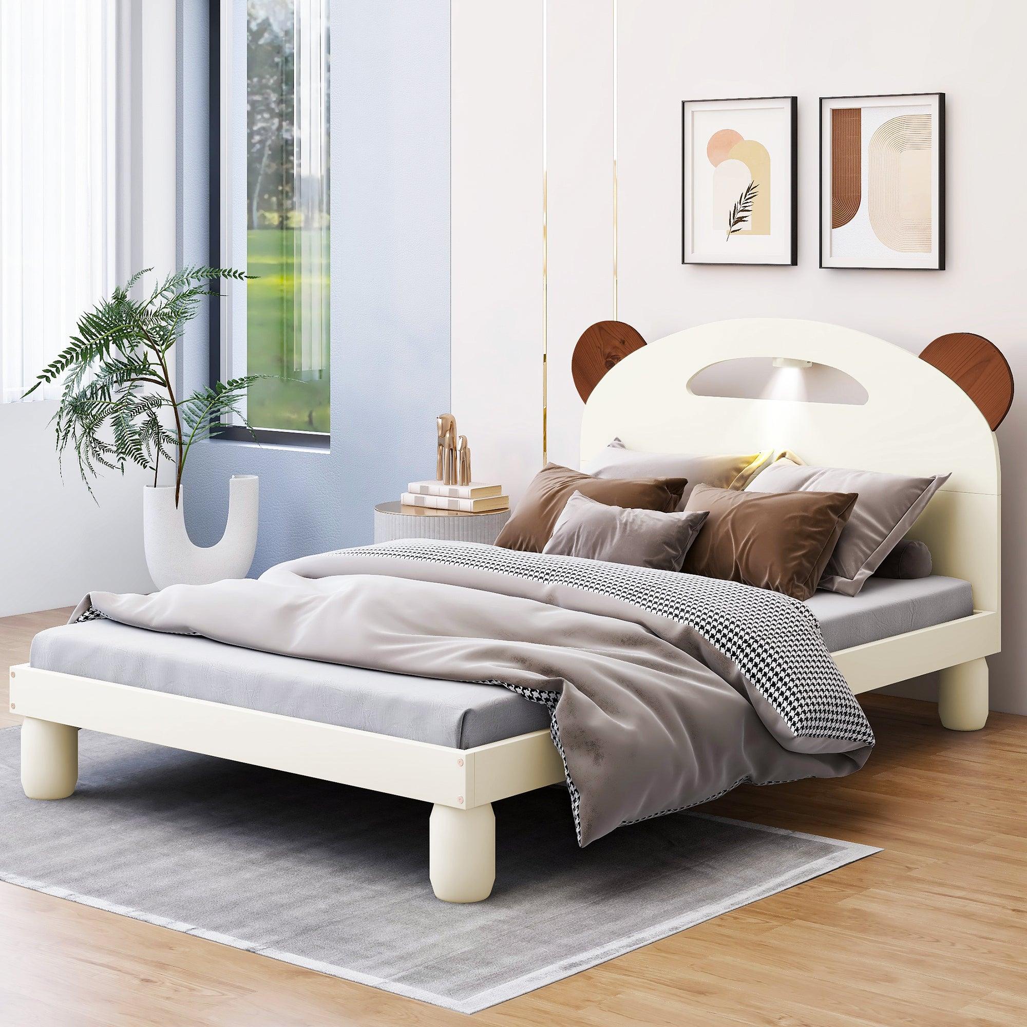 🆓🚛 Twin Size Platform Bed With Bear Ears Shaped Headboard & Led, Cream White