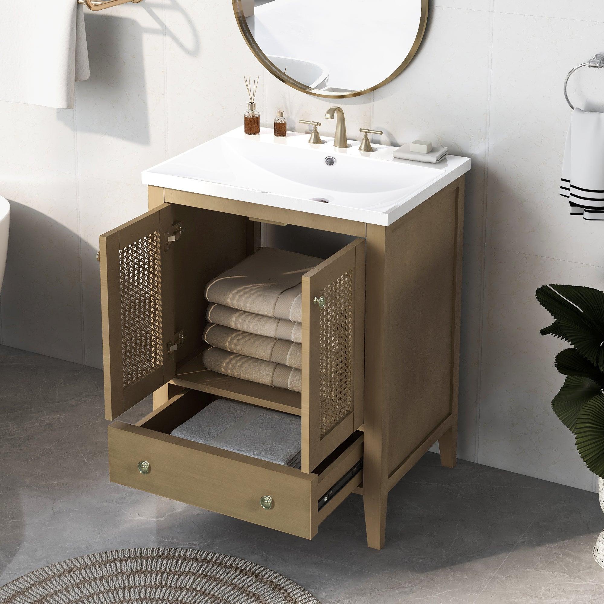 🆓🚛 24" Bathroom Vanity With Ceramic Basin, Rattan Bathroom Storage Cabinet With Two Doors & Drawer, Solid Frame, Natural