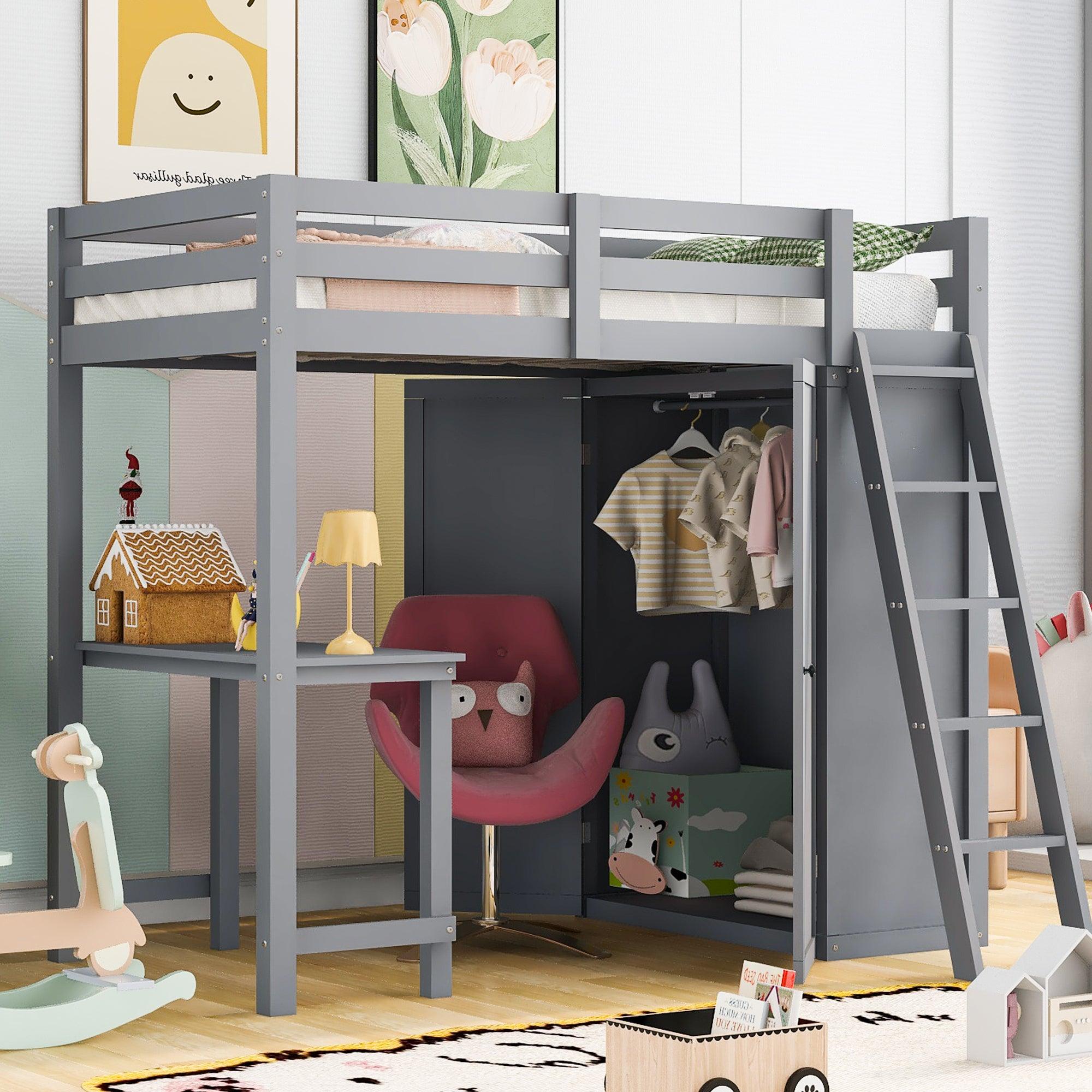 🆓🚛 Twin Size Loft Bed With Wardrobe & Desk, Gray