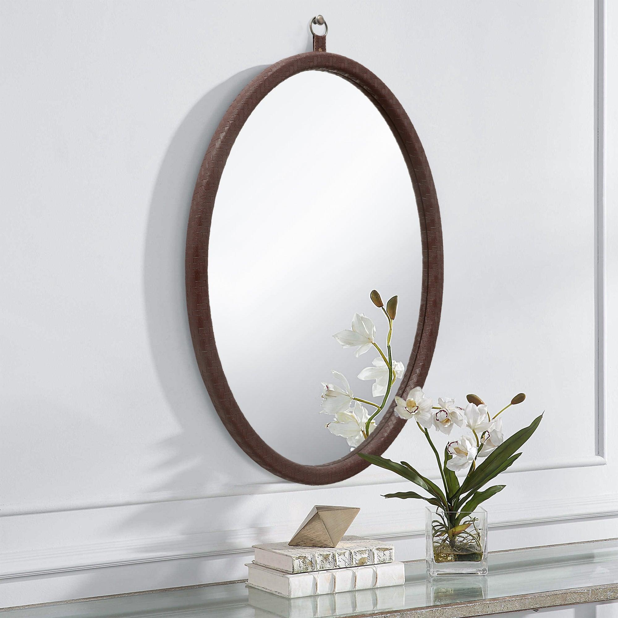 🆓🚛 Oval Brown Woven Grain Decorative Wall Hanging Mirror, Pu Covered Mdf Framed Mirror for Bedroom Living Room Vanity Entryway Wall Decor, 23.62X29.92"