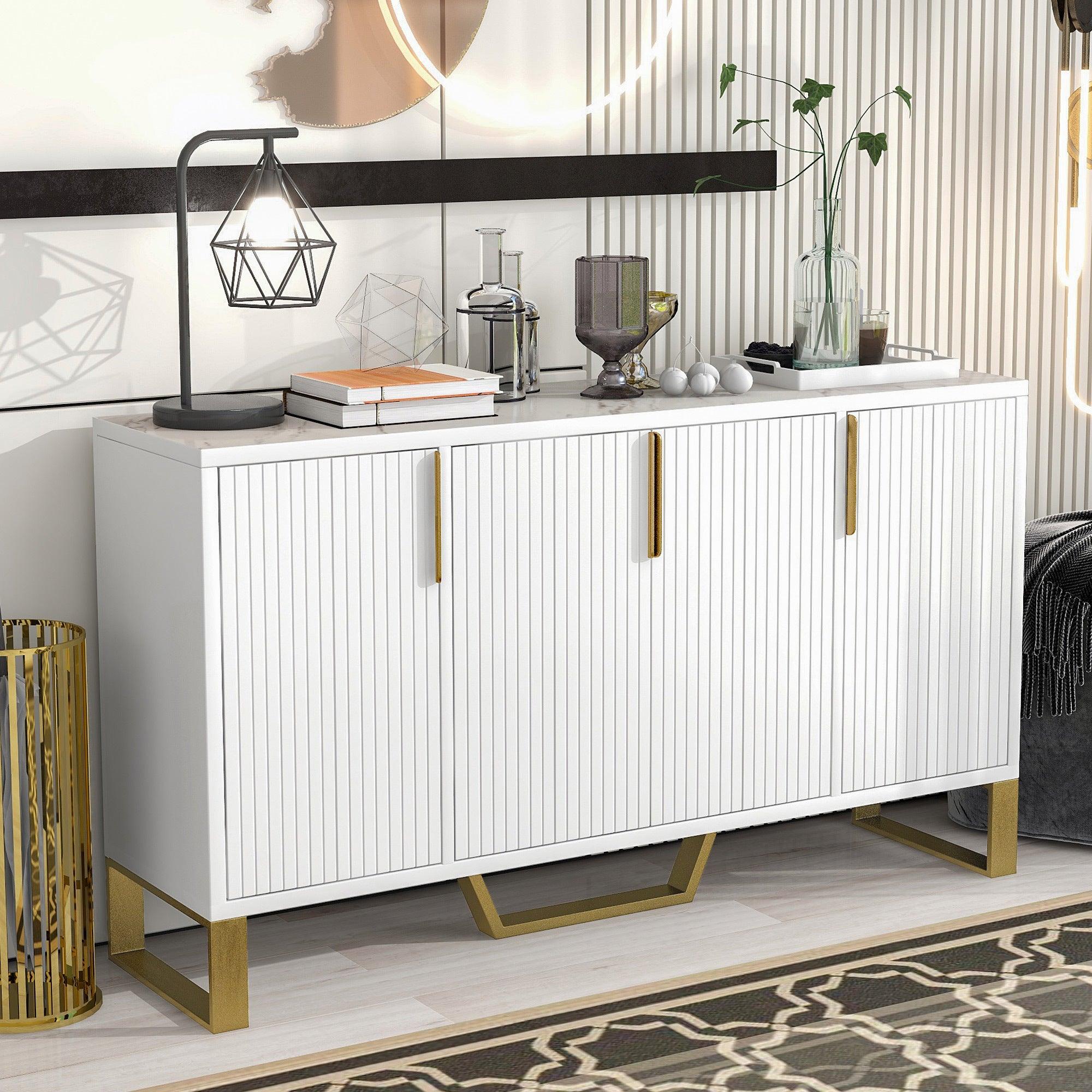 🆓🚛 Modern Sideboard With Four Doors, Metal Handles & Legs & Adjustable Shelves Kitchen Cabinet (White)