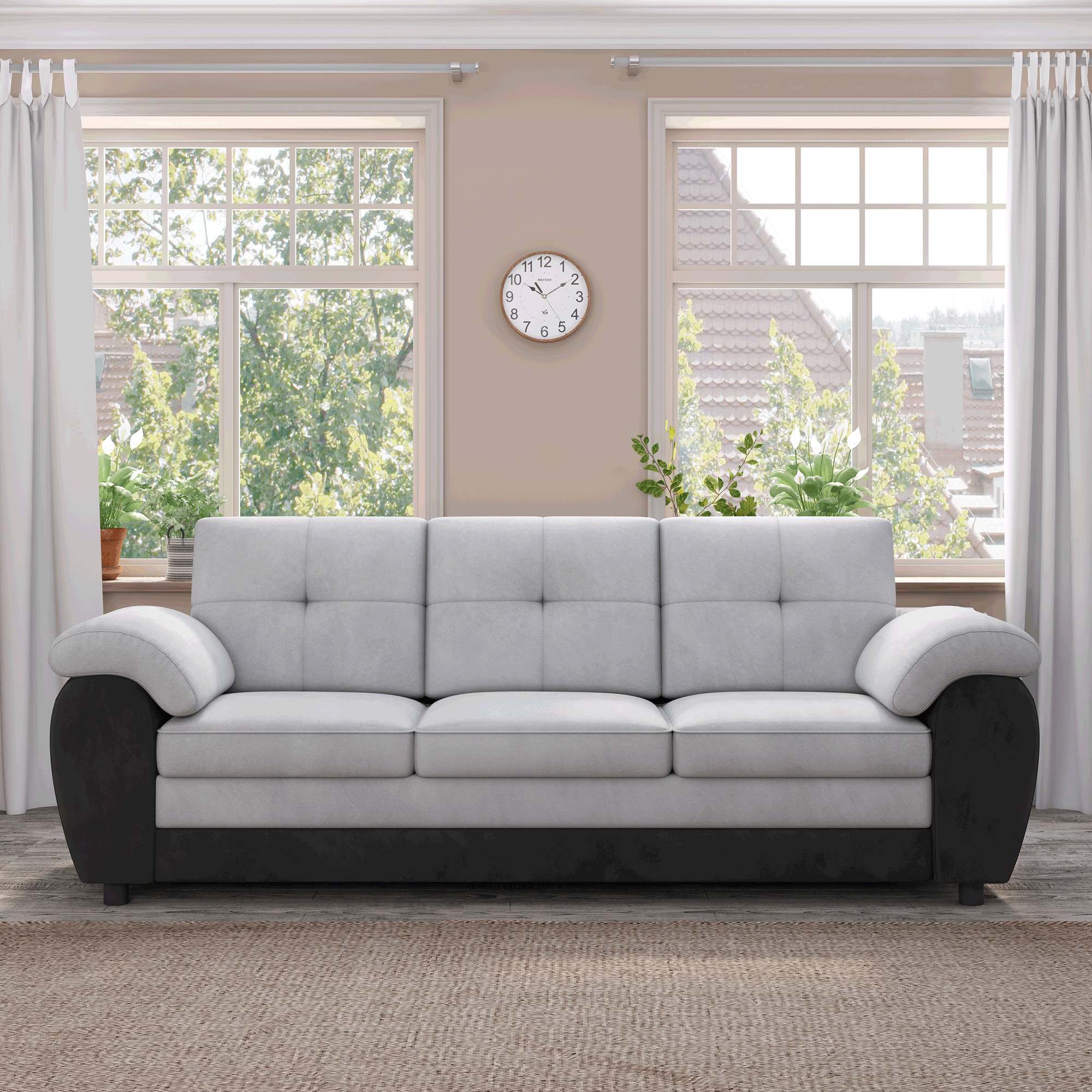 🆓🚛 81.9″ Large Size Three Seat Sofa, Modern Upholstered, Black Leather Paired With Light Gray Velvet