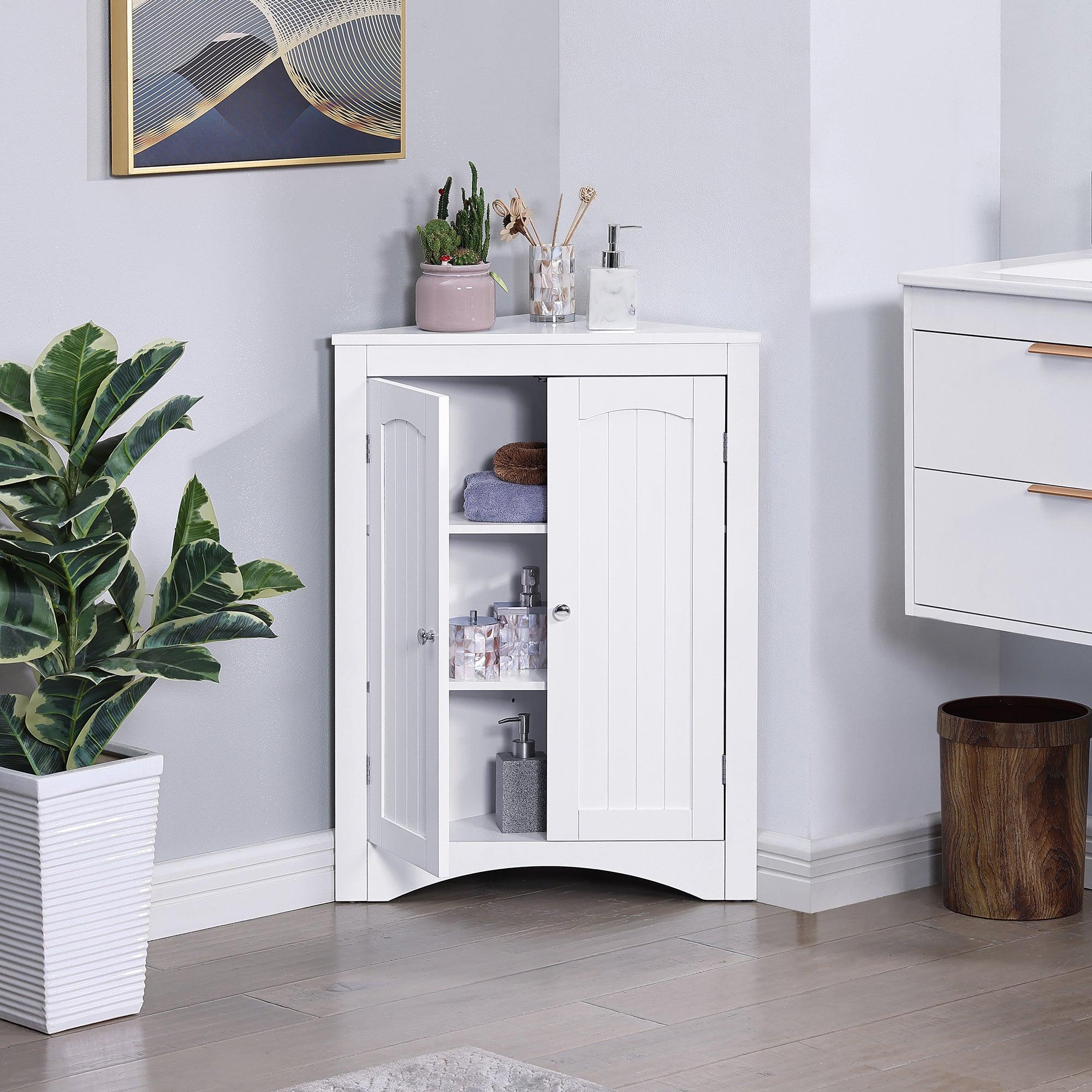 🆓🚛 Triangle Shape Corner Sideboard Cabinet, With Doors & Shelves, White