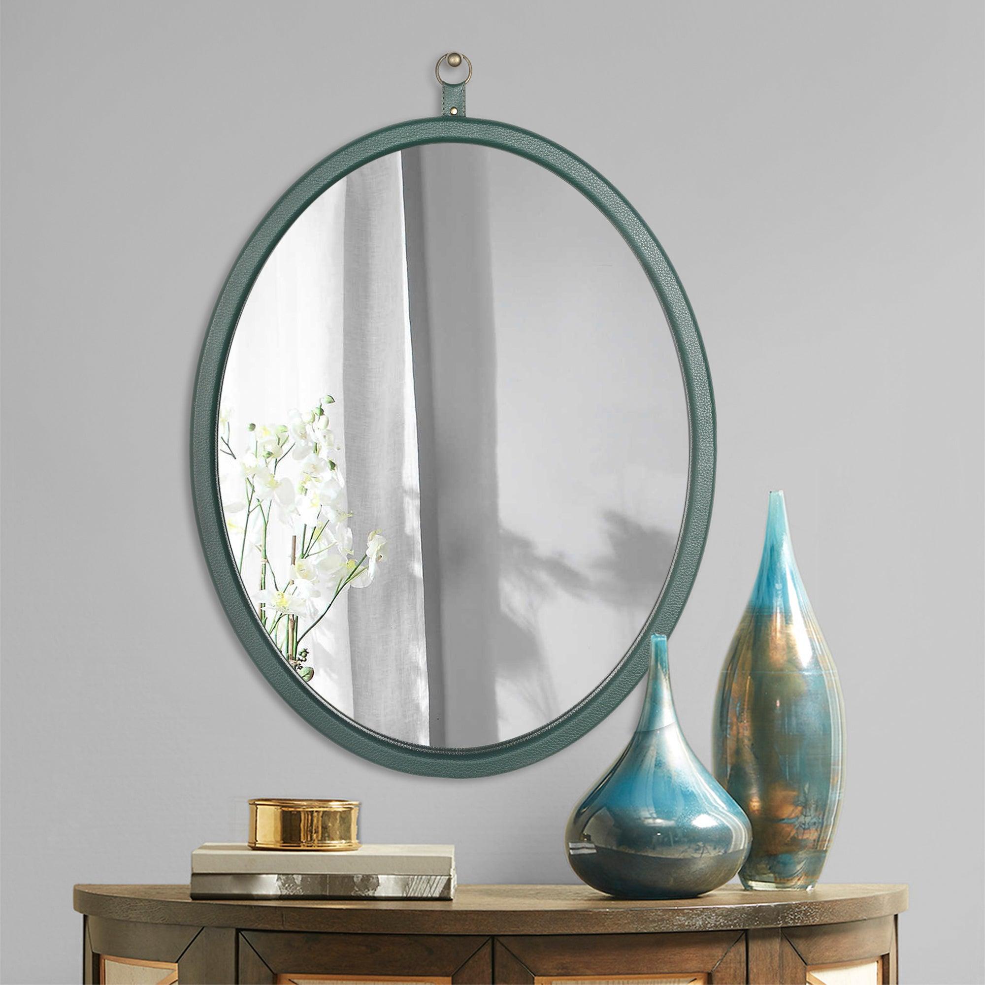 🆓🚛 Oval Green Decorative Wall Hanging Mirror, Pu Covered Mdf Framed Mirror for Bedroom Living Room Vanity Entryway Wall Decor, 23.62X29.92"