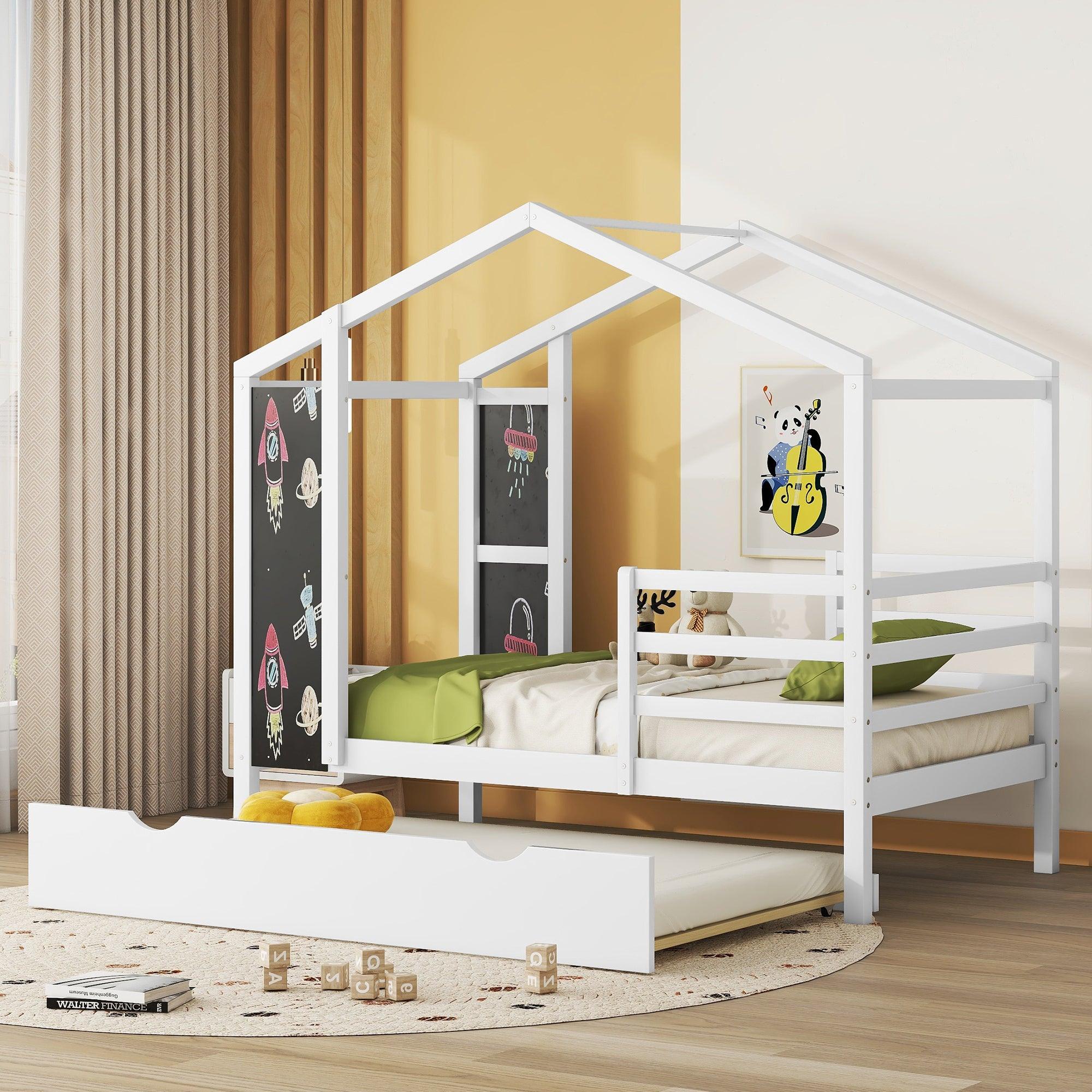 🆓🚛 Twin Size Wood House Bed With Fence & Writing Board, White