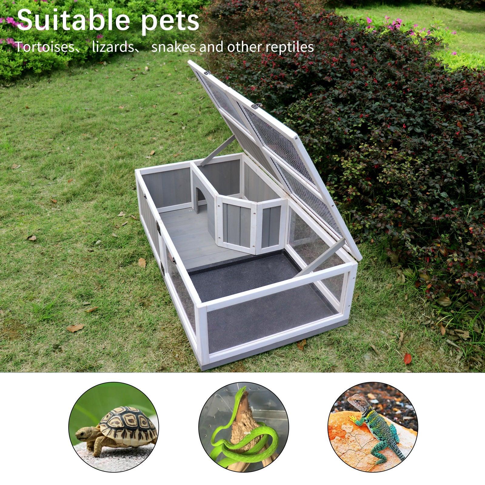 🆓🚛 Turtle Dwelling Wooden Turtle House With Waterproof Tray Indoor Small Animal Turtle Cage Outdoor Wooden Reptile Cage