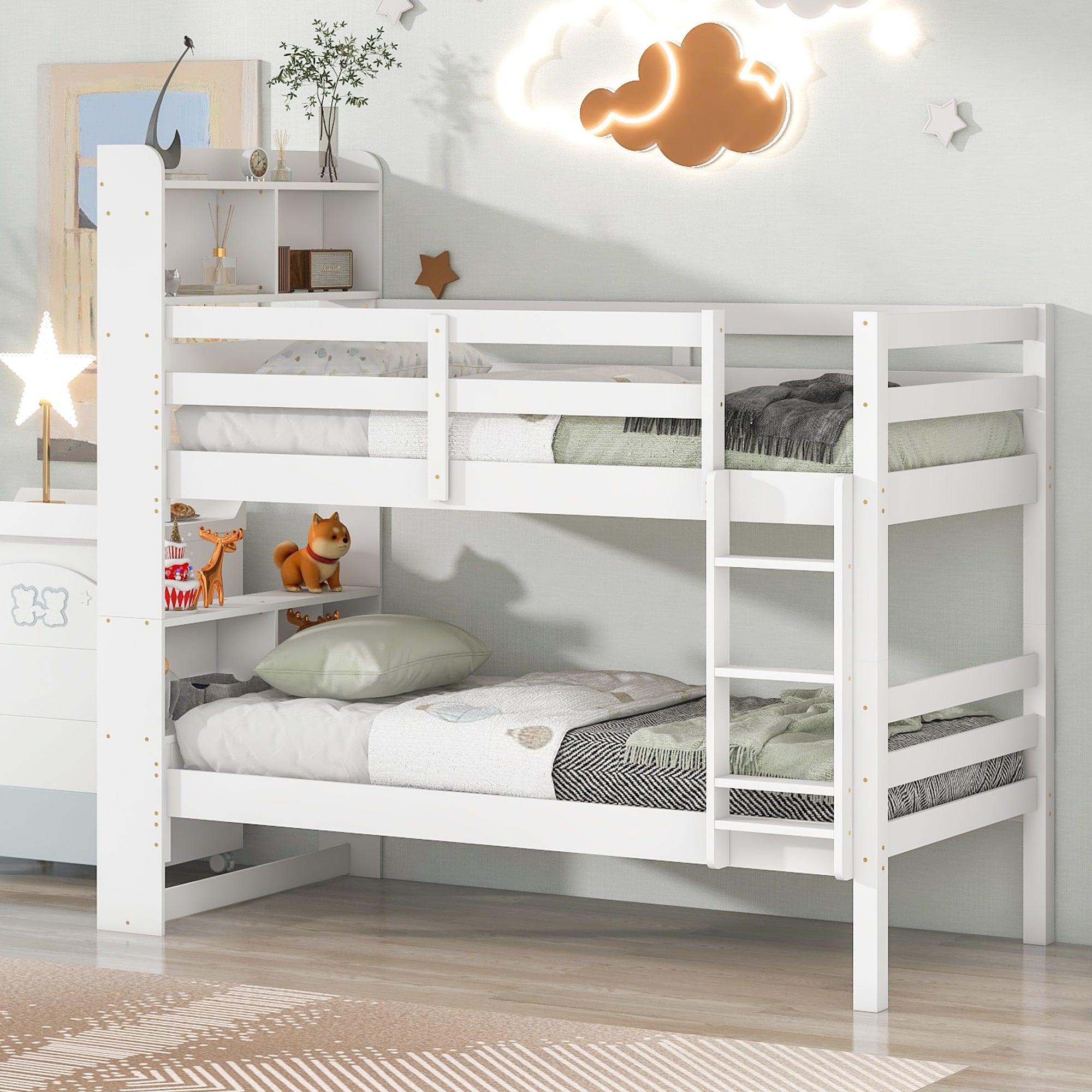 🆓🚛 Twin Over Twin Bunk Beds With Bookcase Headboard, Safety Rail & Ladder, Can Be Converted Into 2 Beds, White