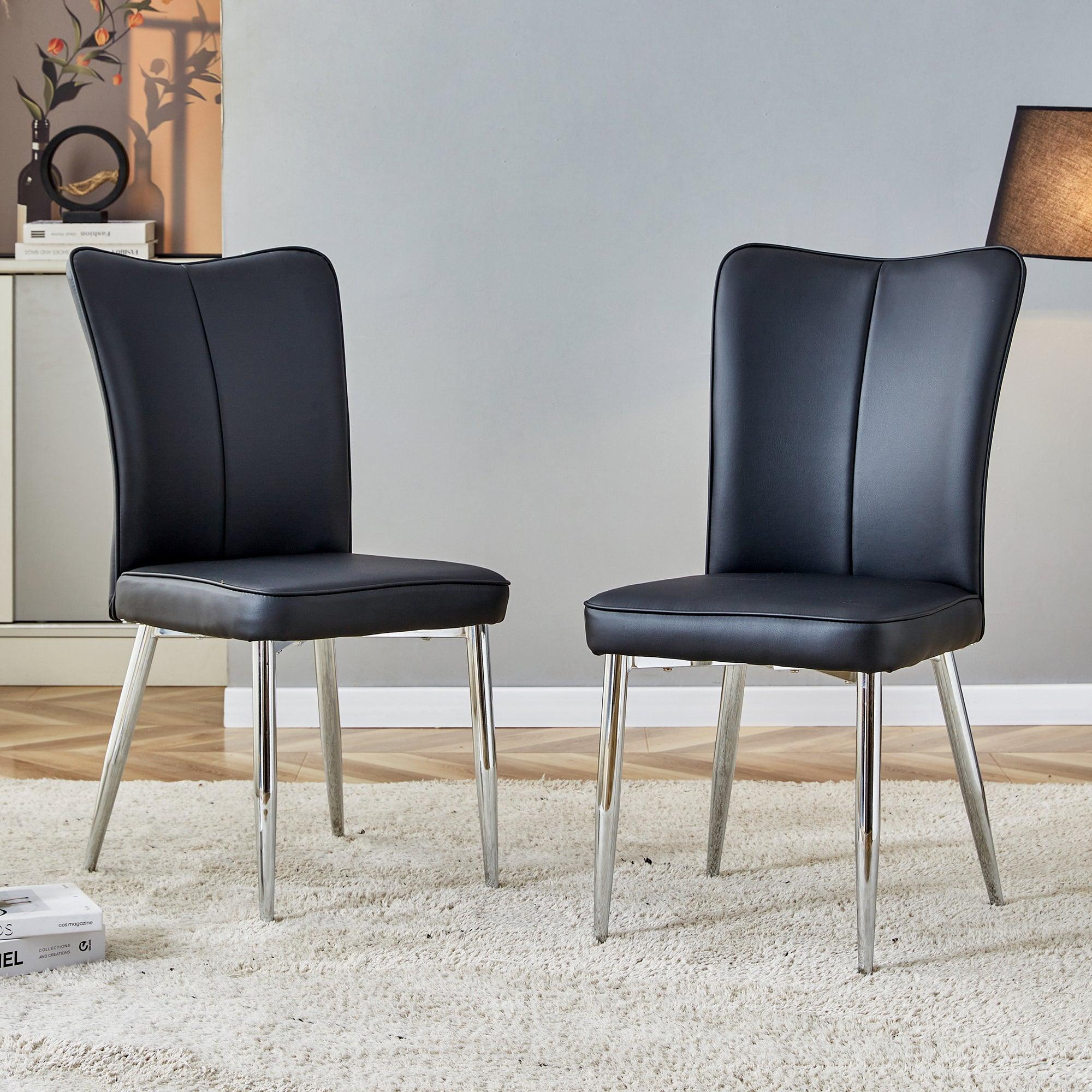 Modern Minimalist Dining Chairs, Black Pu Leather Curved Backrest & Cushion, Set Of 2 Chairs