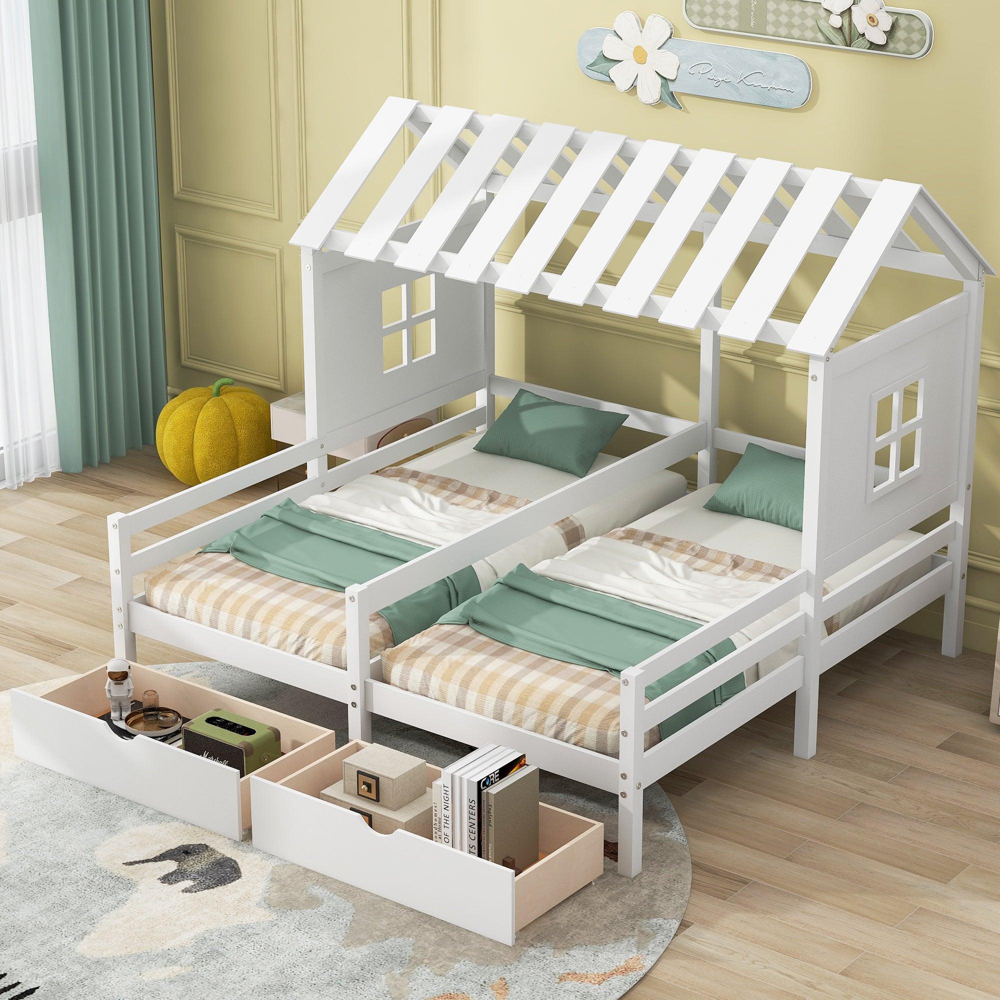 🆓🚛 Twin Size House Platform Beds With Two Drawers Shared Beds, Combination Of 2 Side By Side Twin Size Beds, White