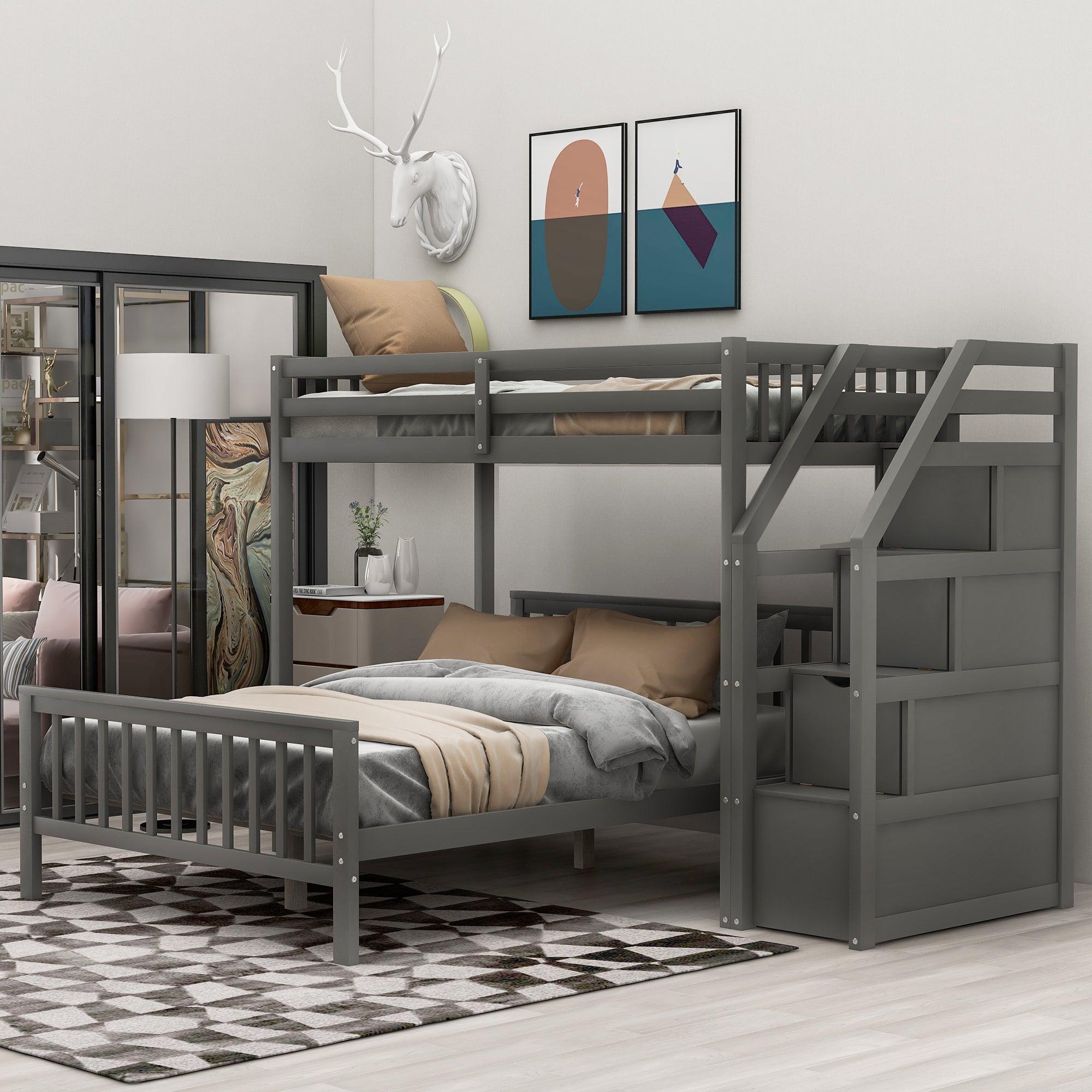 🆓🚛 Twin Over Full Loft Bed With Staircase, Gray