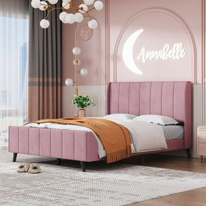 Full Size Upholstered Platform Bed, Velvet, Pink