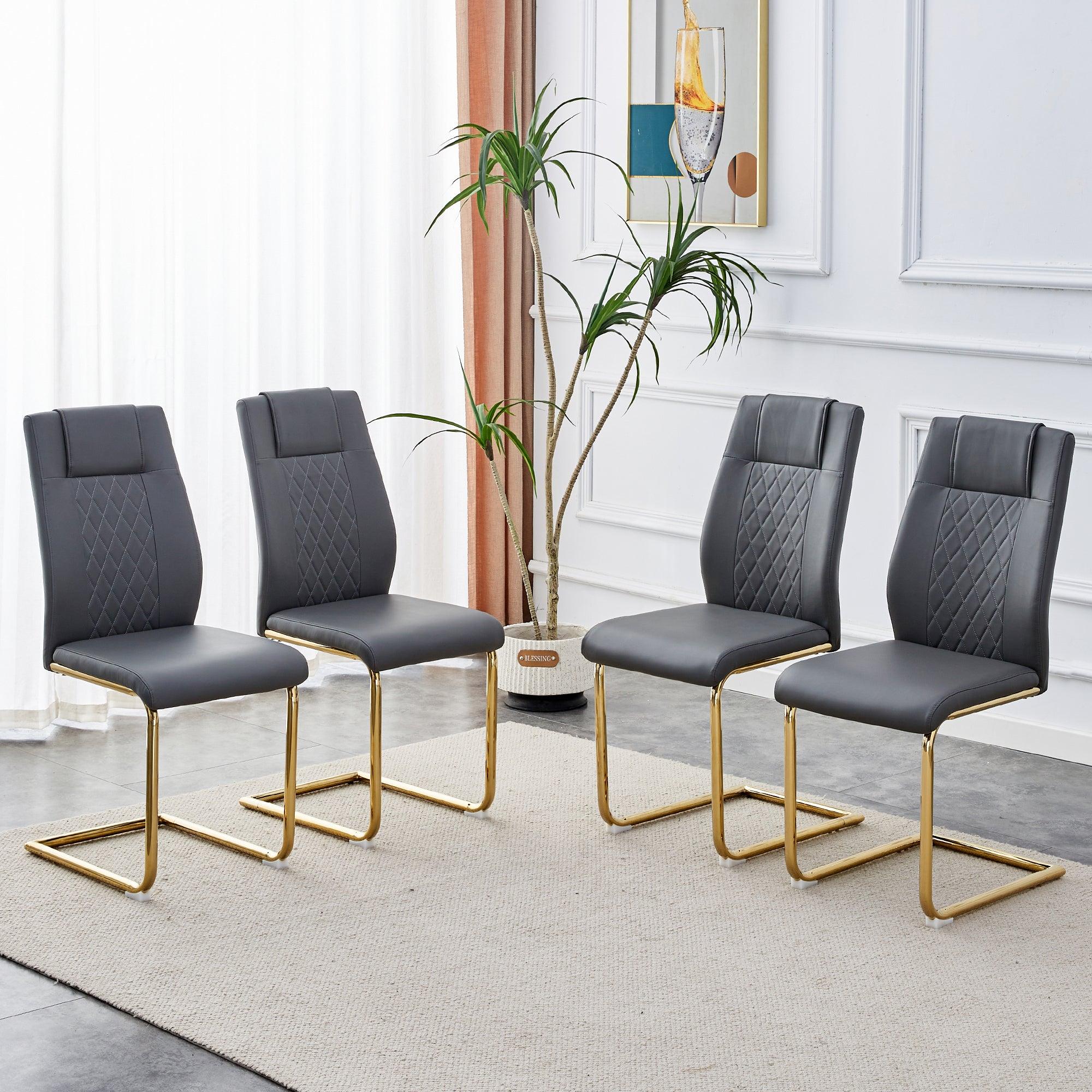 🆓🚛 Modern Dining Chairs, Restaurant Chairs, & Gold Legged Upholstered Chairs Made Of Artificial Leather, Suitable for Kitchens, Living Rooms, Bedrooms, & Offices Set Of 4 Pieces (Gray+Pu )