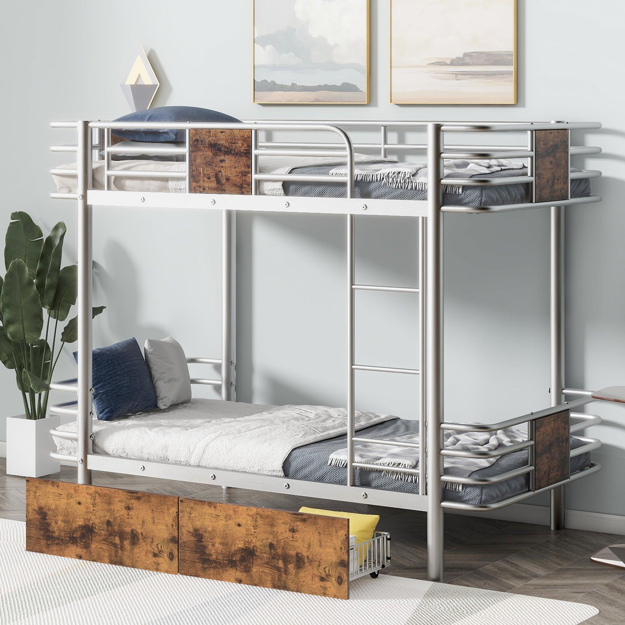 🆓🚛 Twin Xl Over Twin Xl Metal Bunk Bed With Mdf Board Guardrail & Two Storage Drawers, Silver