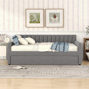 Full Size Upholstered Daybed With Trundle And Wood Slat Support, Gray