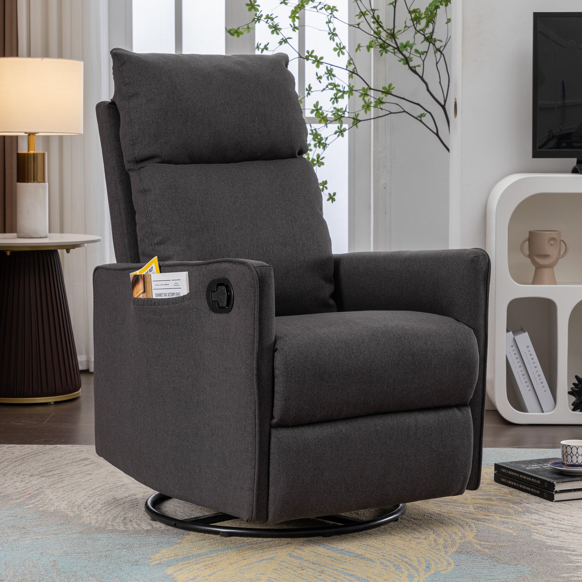 🆓🚛 Cotton Linen Fabric Swivel Rocking Chair Glider Rocker Recliner Nursery Chair With Adjustable Back and Footrest for Living Room Indoor, Dark Gray