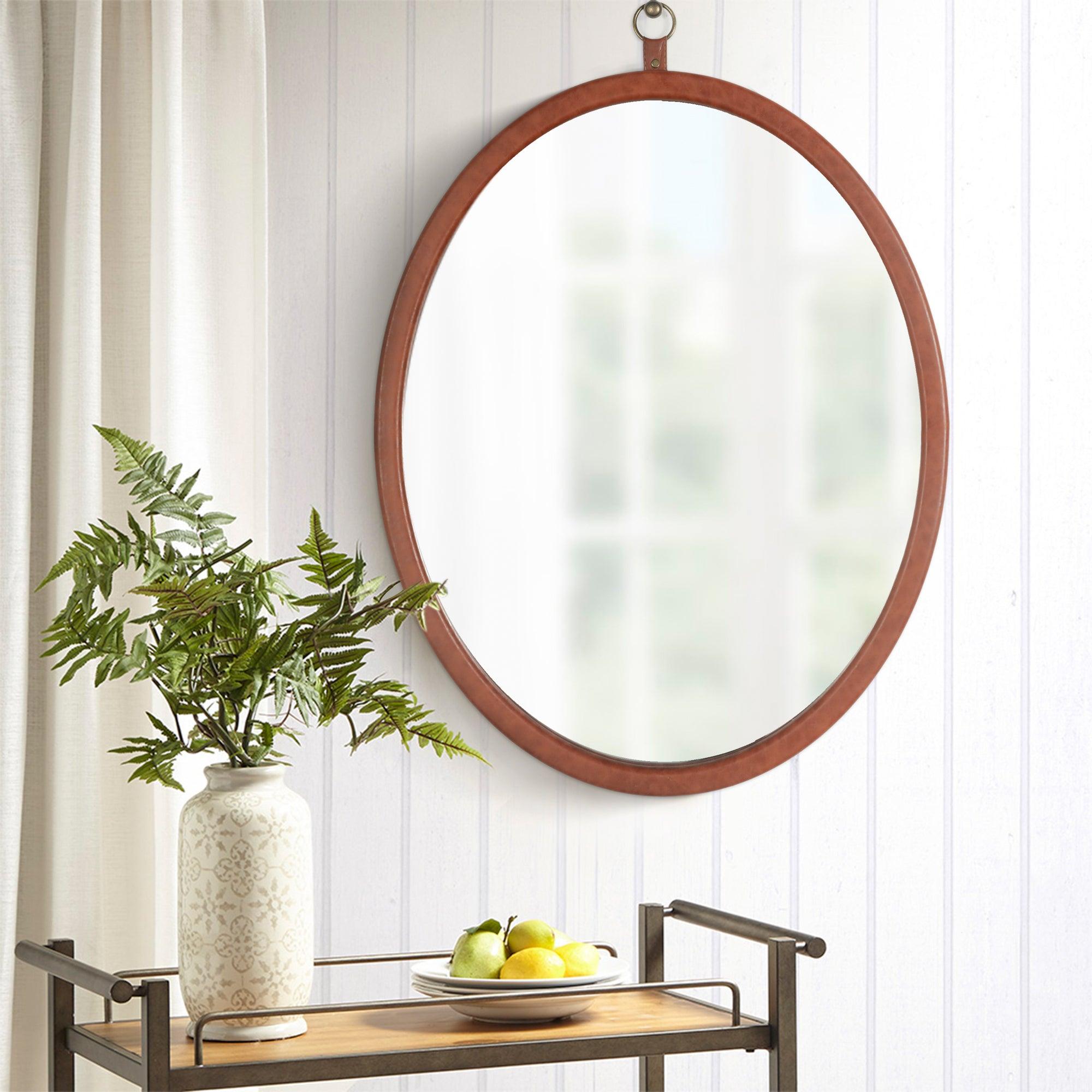 🆓🚛 Oval Brown Decorative Wall Hanging Mirror, Pu Covered Mdf Framed Mirror for Bedroom Living Room Vanity Entryway Wall Decor, 23.62X29.92"