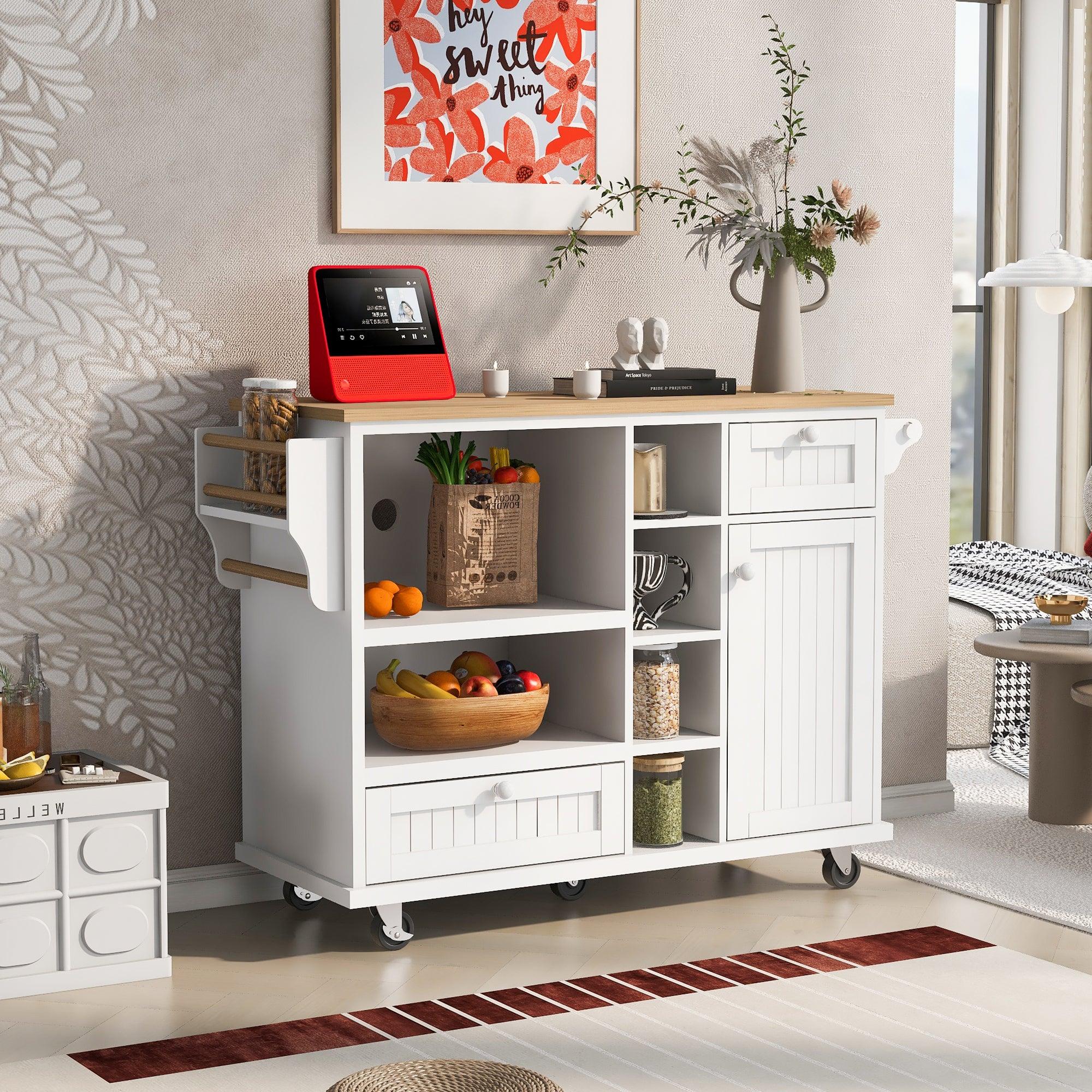 🆓🚛 Kitchen Island Cart With Storage Cabinet & Two Locking Wheels, Solid Wood Desktop, Microwave Cabinet, Floor Standing Buffet Server Sideboard for Kitchen Room, Dining Room, , Bathroom(White)
