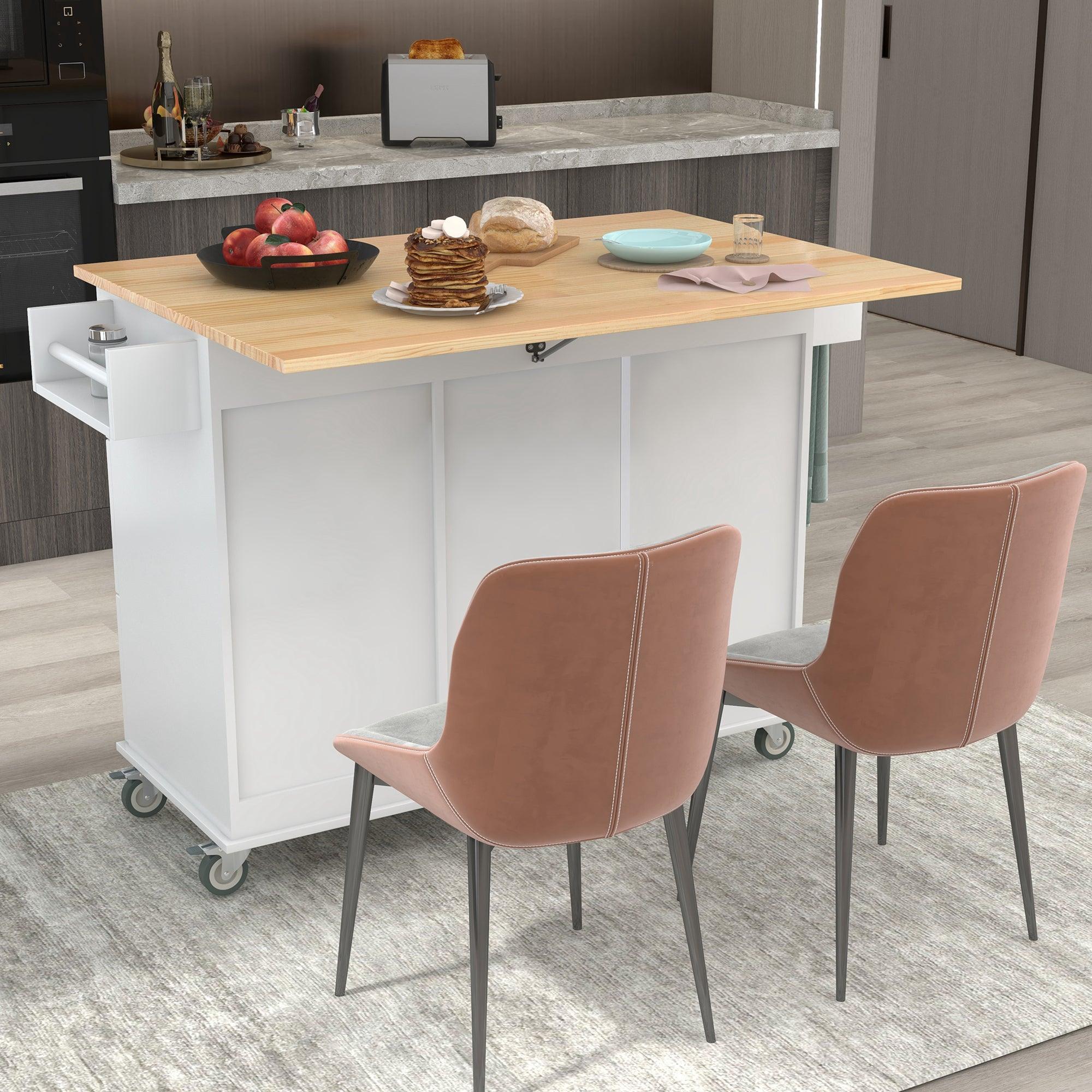 🆓🚛 Rolling Mobile Kitchen Island With Solid Wood Top & Locking Wheels, 52.7 Inch Width, Storage Cabinet & Drop Leaf Breakfast Bar, Spice Rack, Towel Rack & Drawer (White)