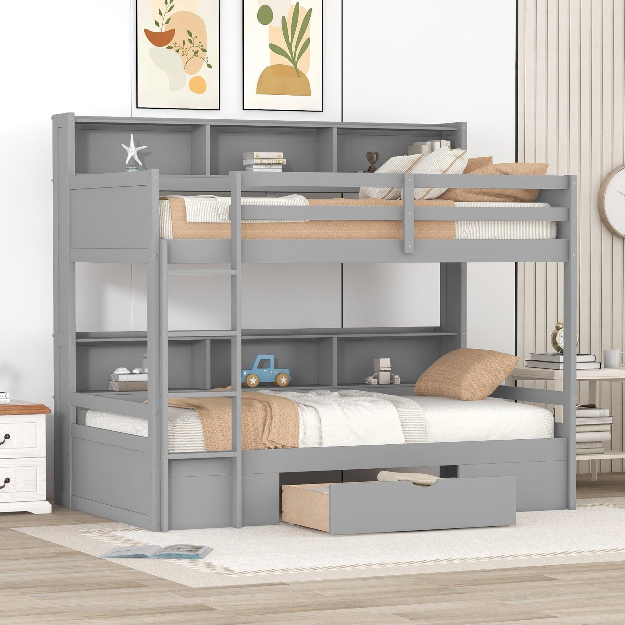 🆓🚛 Twin Size Bunk Bed With Built-in Shelves Beside Both Upper & Down Bed & Storage Drawer, Gray