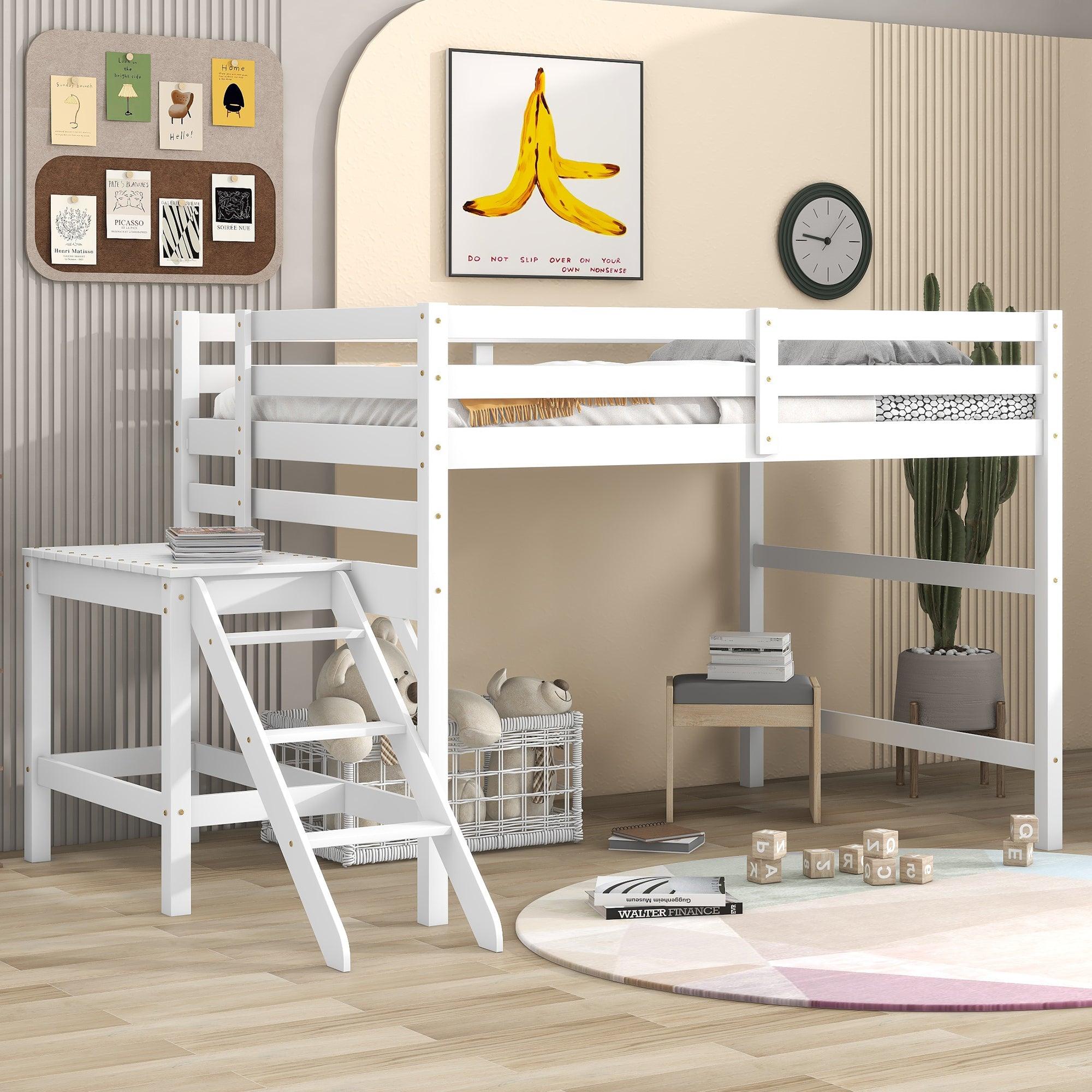 🆓🚛 Full Loft Bed With Platform, Ladder, White